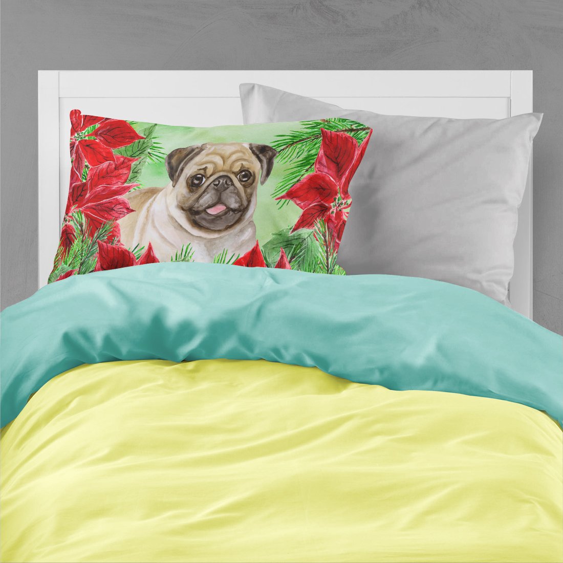 Fawn Pug Poinsettas Fabric Standard Pillowcase CK1365PILLOWCASE by Caroline's Treasures