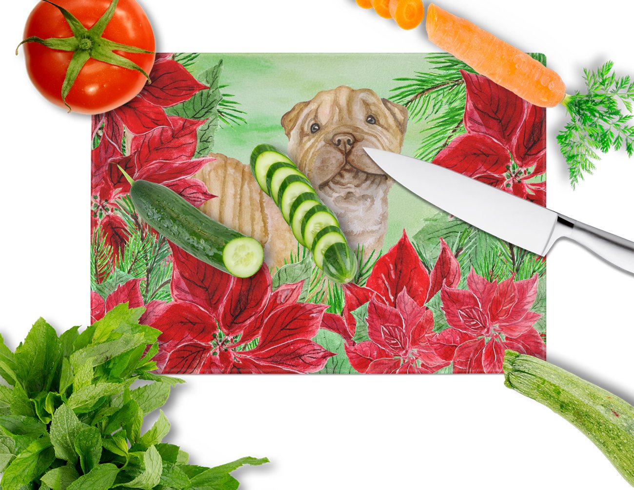 Shar Pei Puppy Poinsettas Glass Cutting Board Large CK1366LCB by Caroline's Treasures