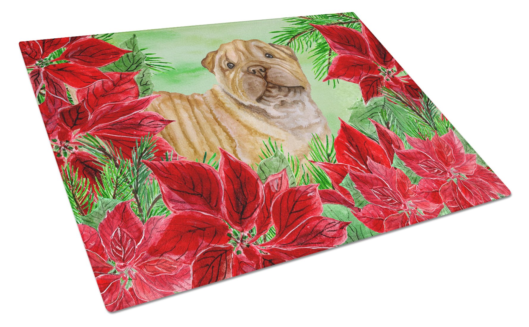 Shar Pei Puppy Poinsettas Glass Cutting Board Large CK1366LCB by Caroline's Treasures