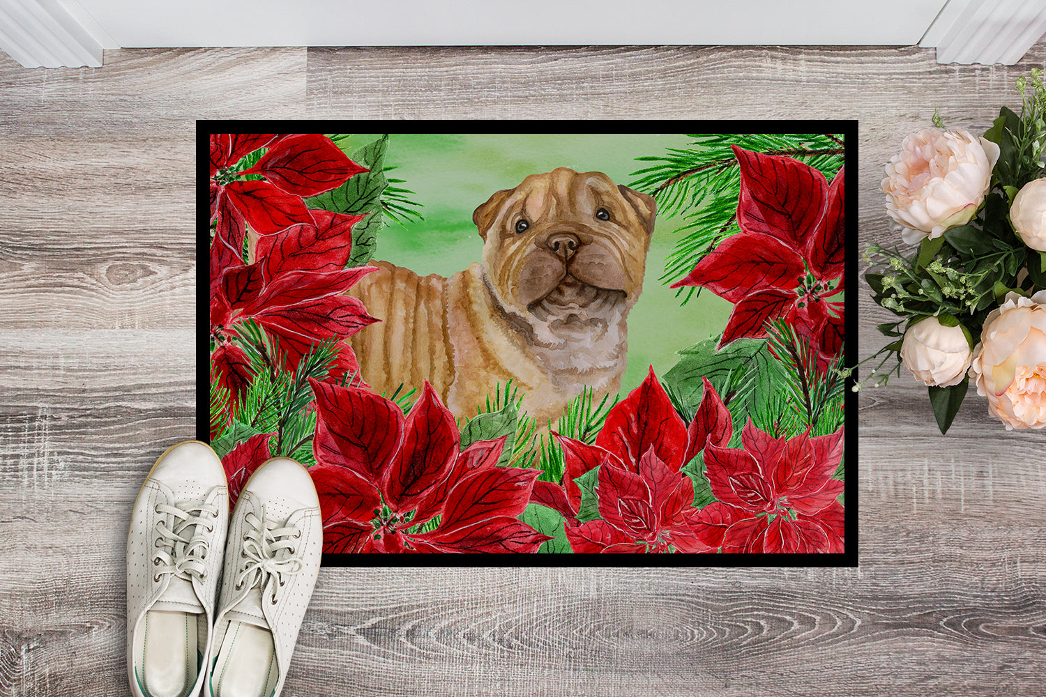 Shar Pei Puppy Poinsettas Indoor or Outdoor Mat 18x27 CK1366MAT - the-store.com