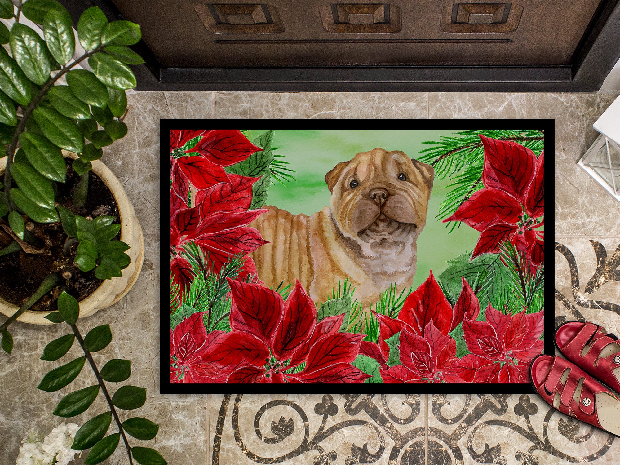 Shar Pei Puppy Poinsettas Indoor or Outdoor Mat 18x27 CK1366MAT - the-store.com