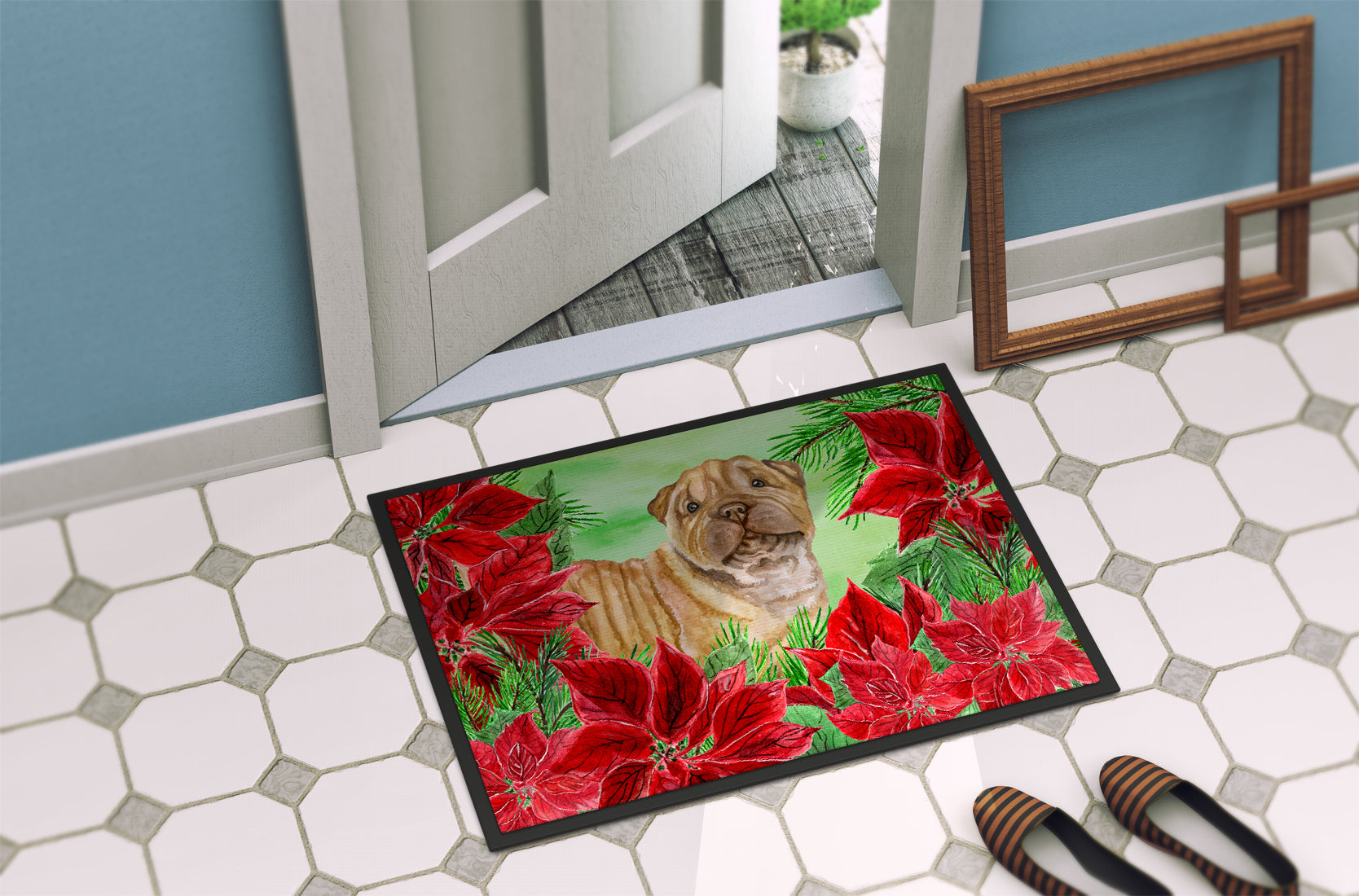 Shar Pei Puppy Poinsettas Indoor or Outdoor Mat 18x27 CK1366MAT - the-store.com