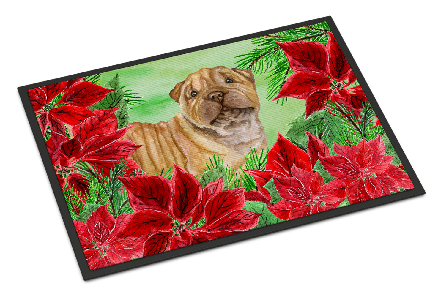 Shar Pei Puppy Poinsettas Indoor or Outdoor Mat 18x27 CK1366MAT - the-store.com