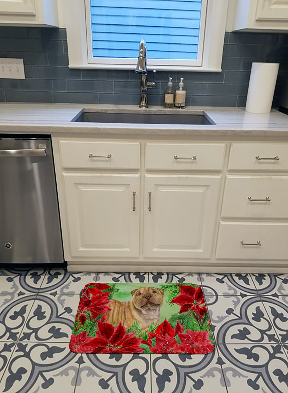 Shar Pei Puppy Poinsettas Machine Washable Memory Foam Mat CK1366RUG - the-store.com