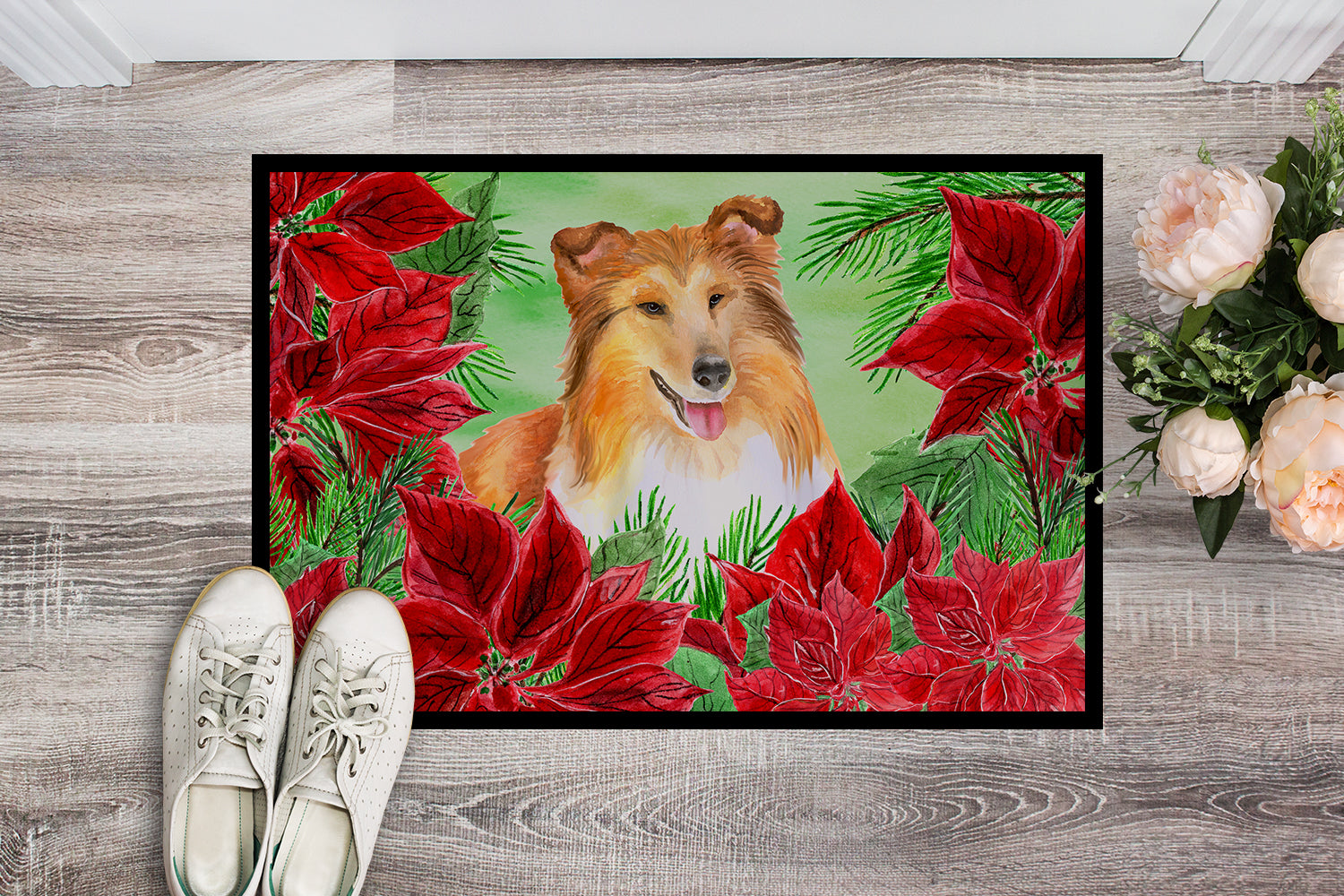 Sheltie Poinsettas Indoor or Outdoor Mat 18x27 CK1367MAT - the-store.com