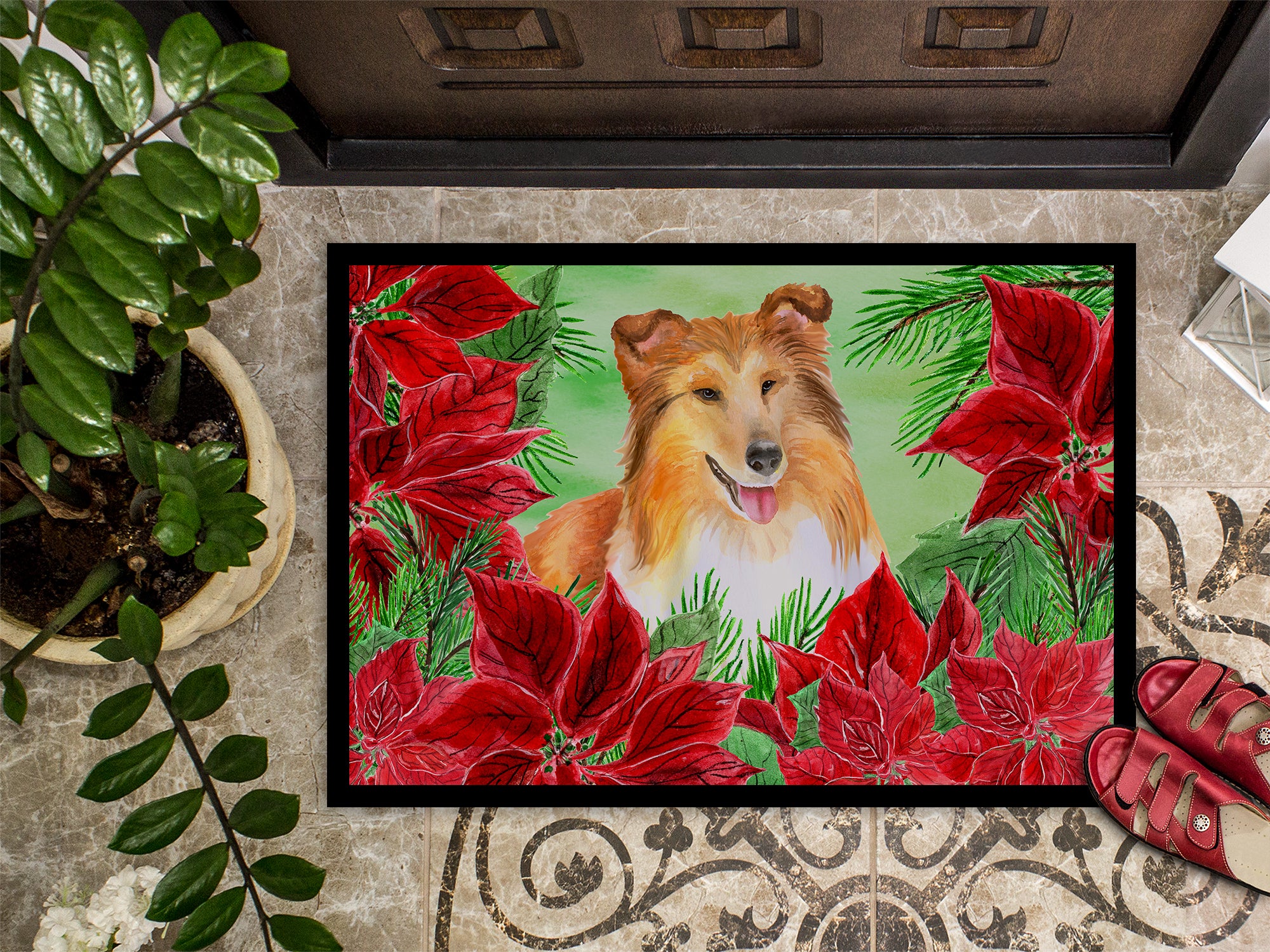 Sheltie Poinsettas Indoor or Outdoor Mat 18x27 CK1367MAT - the-store.com