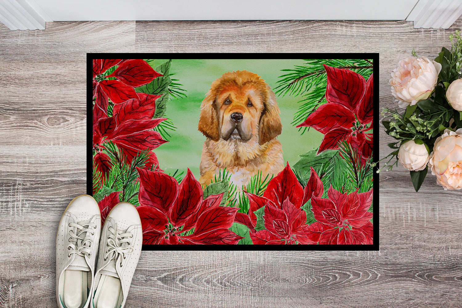 Tibetan Mastiff Poinsettas Indoor or Outdoor Mat 18x27 CK1368MAT - the-store.com