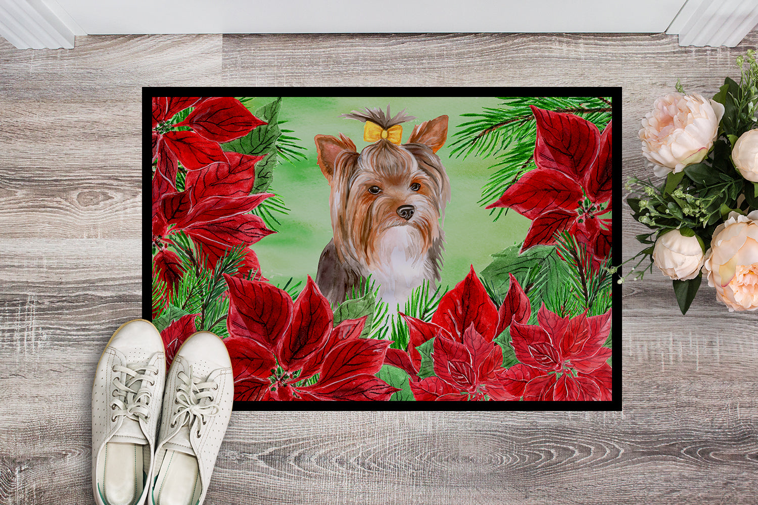 Yorkshire Terrier #2 Poinsettas Indoor or Outdoor Mat 18x27 CK1370MAT - the-store.com