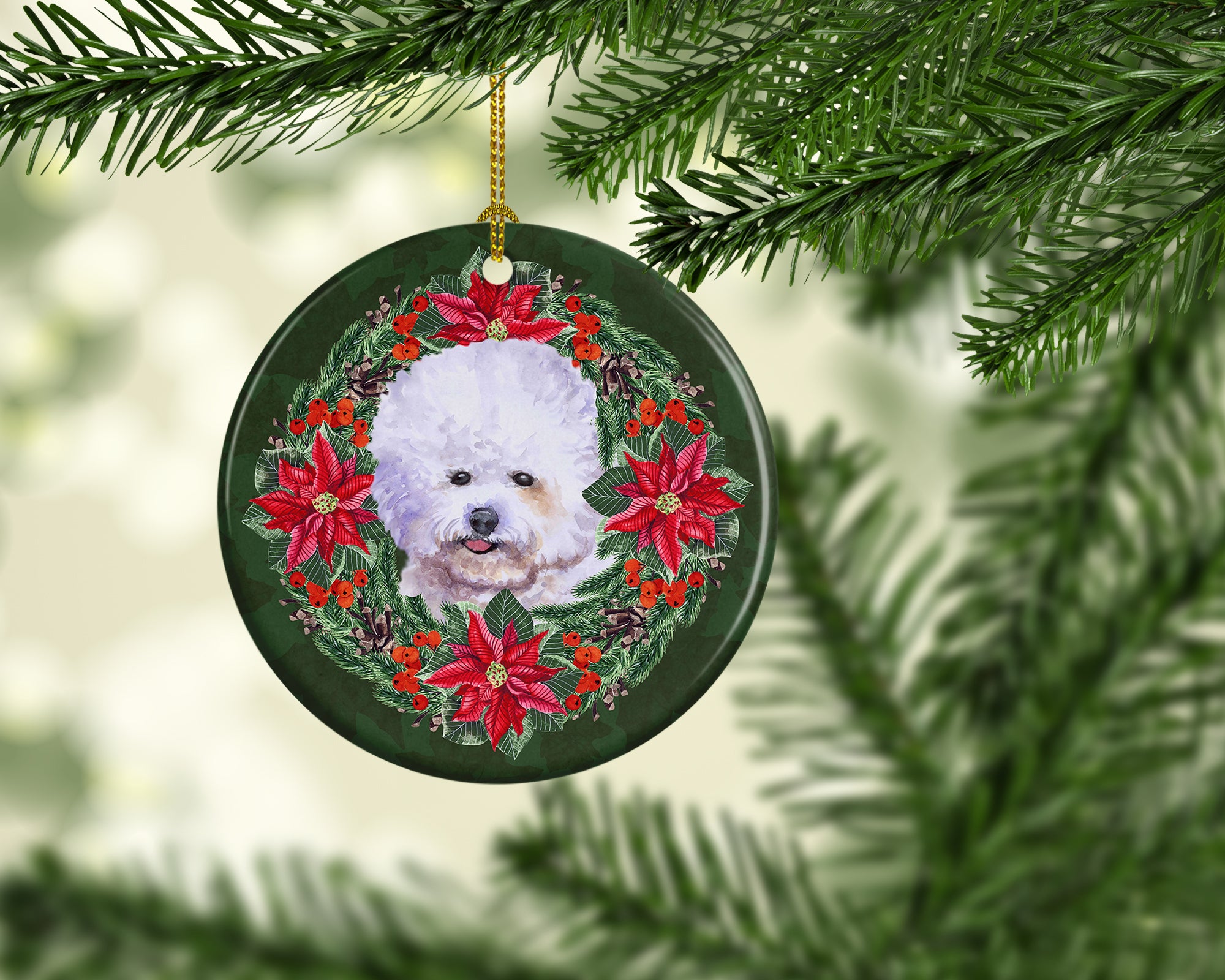 Bichon Frise Poinsetta Wreath Ceramic Ornament - the-store.com