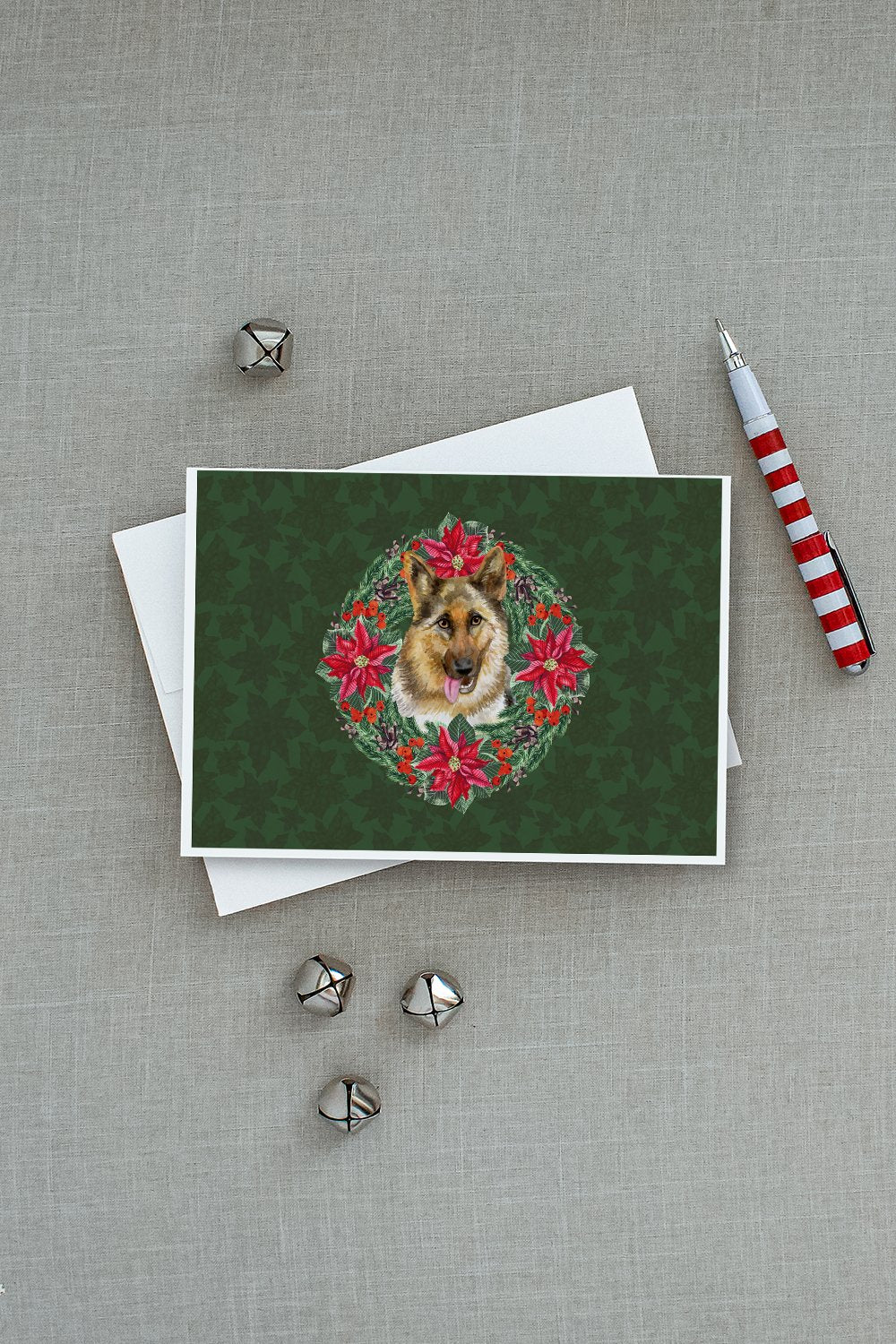 German Shepherd Poinsetta Wreath Greeting Cards and Envelopes Pack of 8 - the-store.com