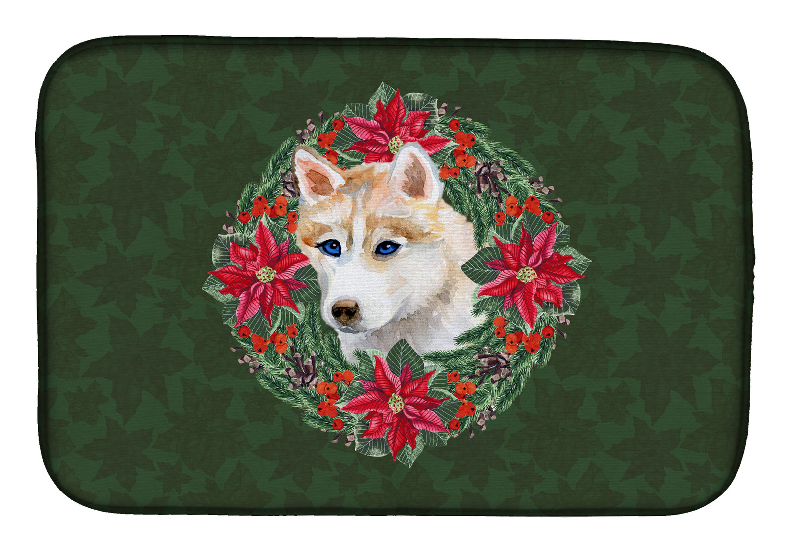 Siberian Husky Poinsetta Wreath Dish Drying Mat CK1521DDM  the-store.com.