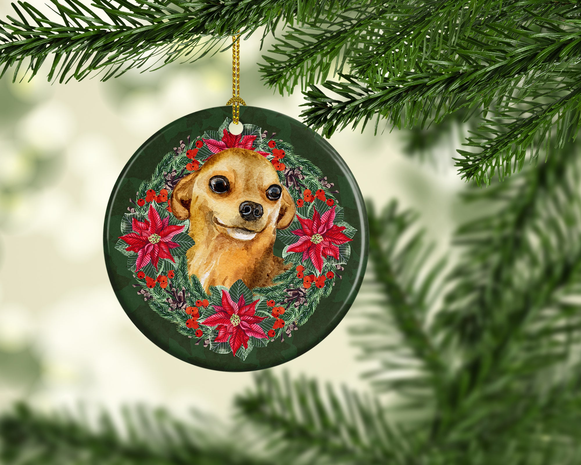 Chihuahua Poinsetta Wreath Ceramic Ornament - the-store.com