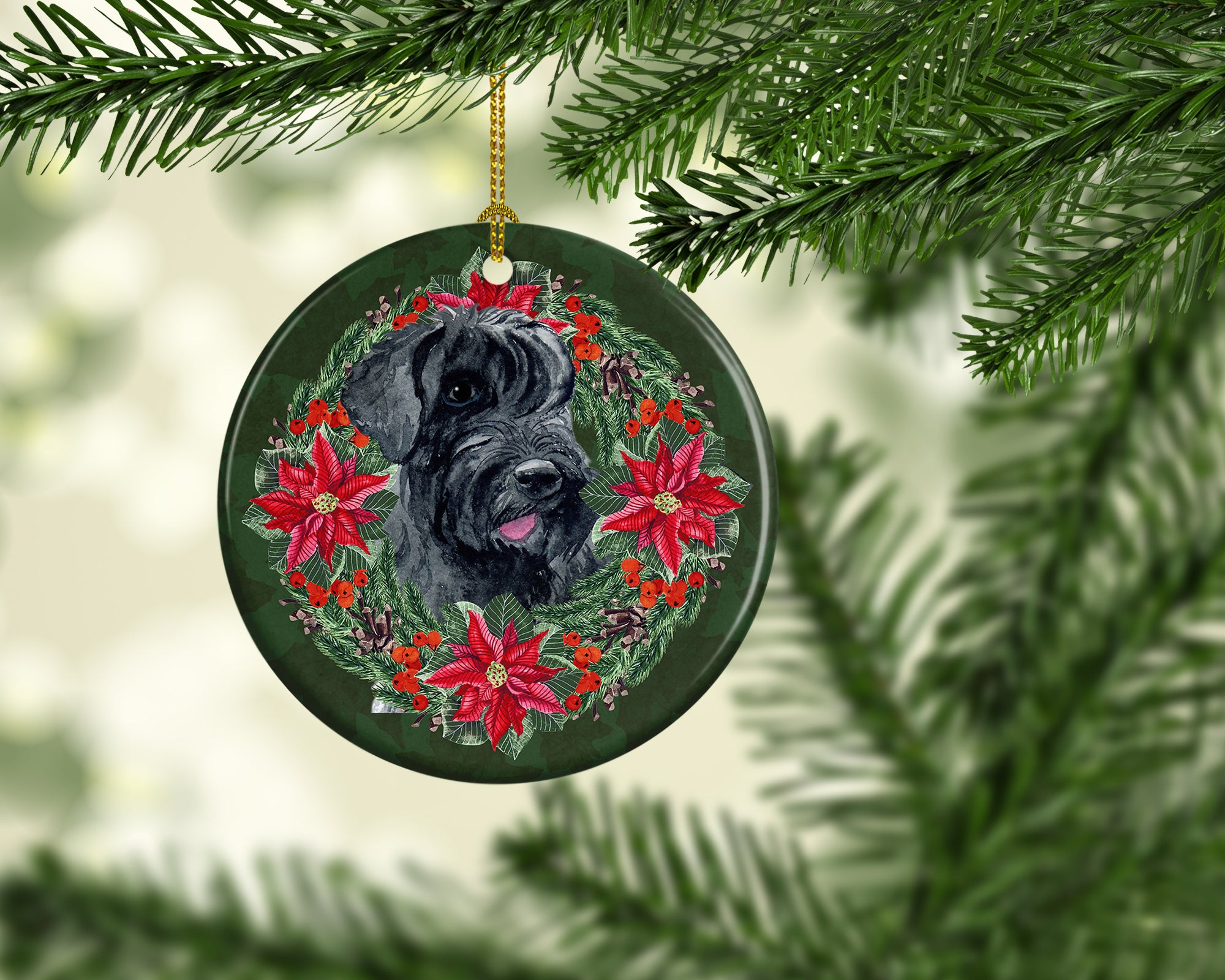 Giant Schnauzer Poinsetta Wreath Ceramic Ornament - the-store.com