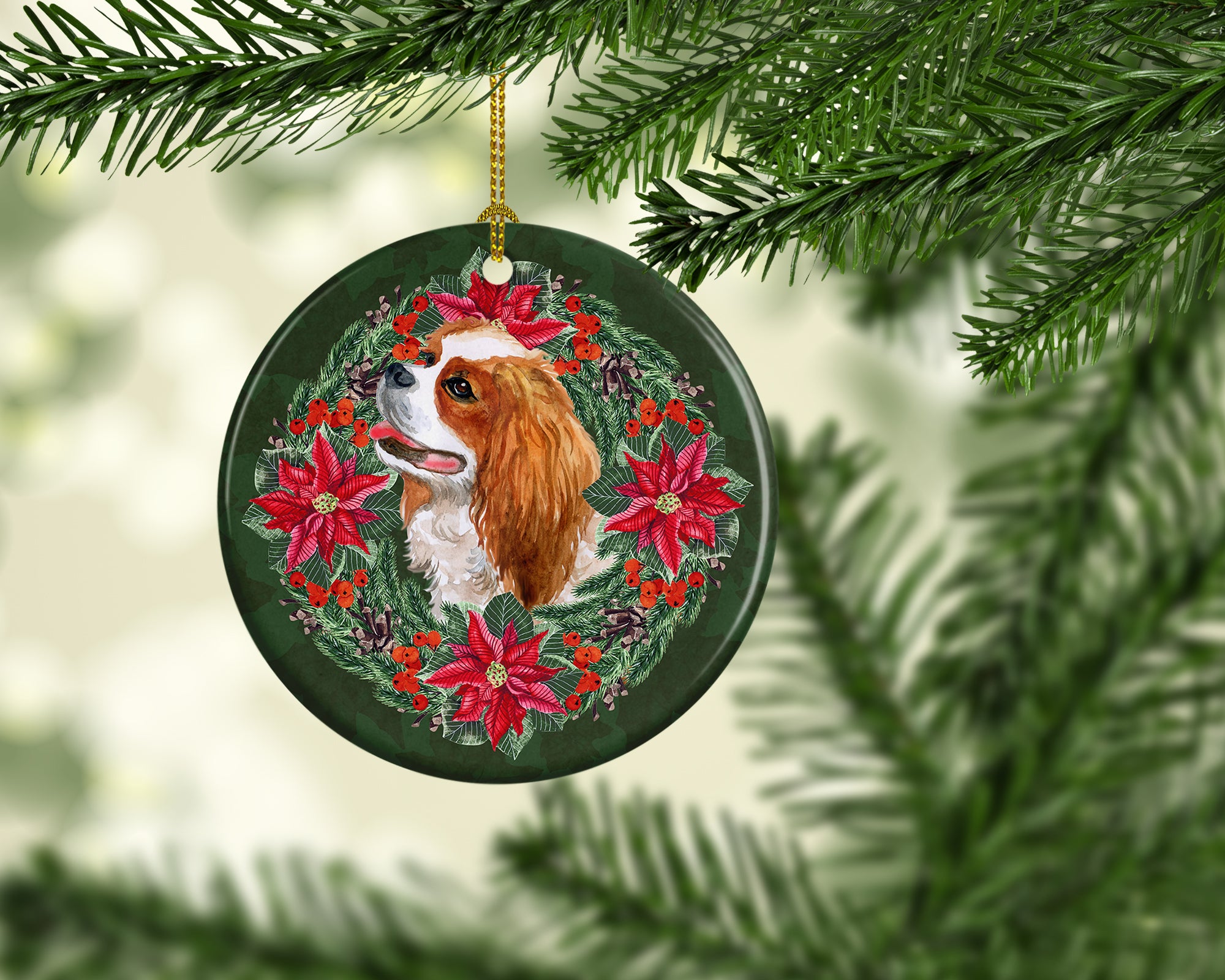 Cavalier Spaniel Poinsetta Wreath Ceramic Ornament - the-store.com