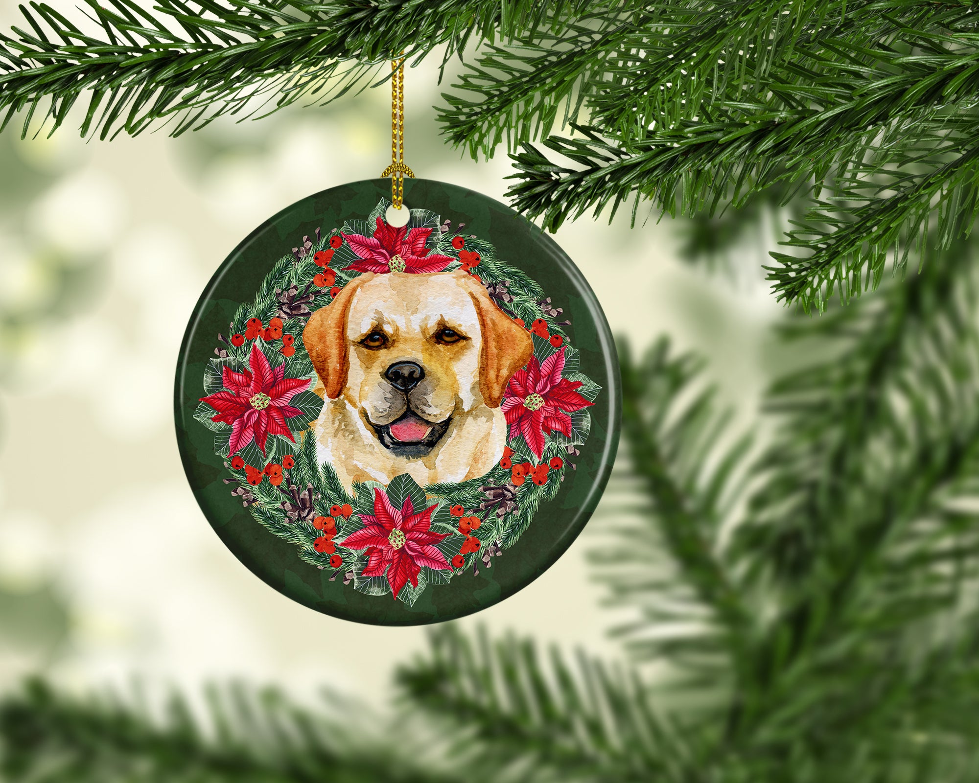 Golden Retriever Poinsetta Wreath Ceramic Ornament - the-store.com