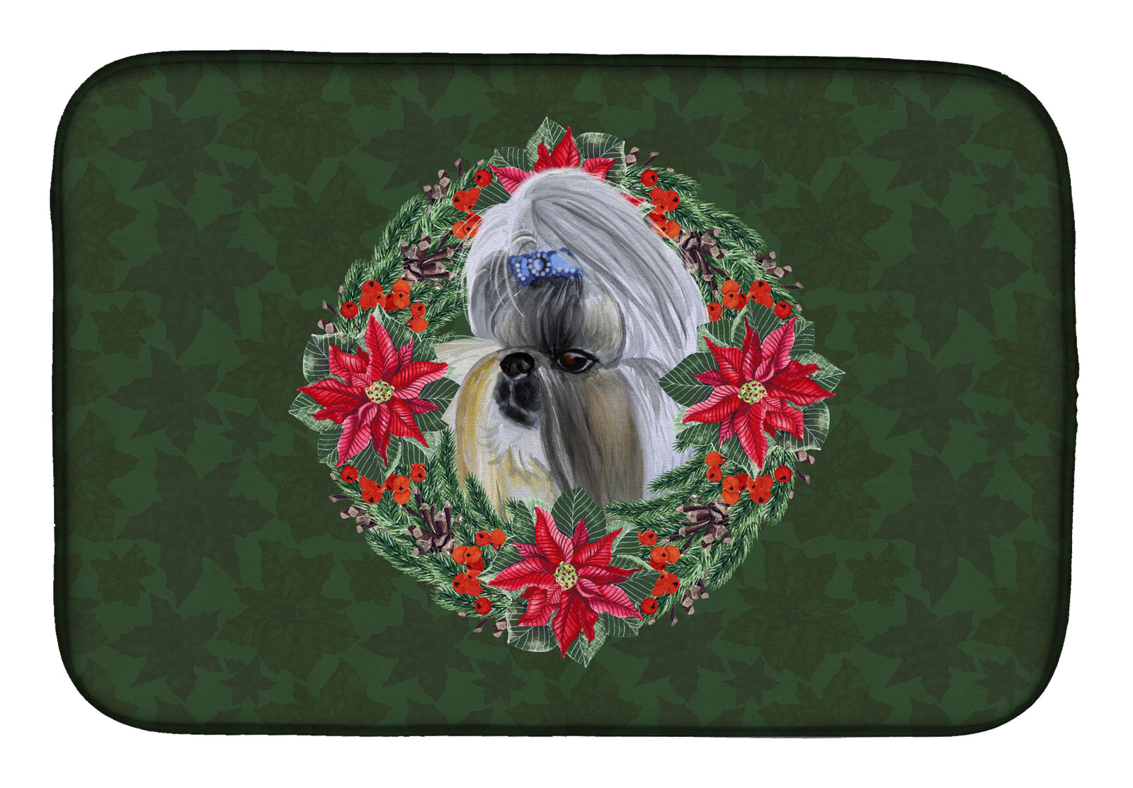 Shih Tzu Poinsetta Wreath Dish Drying Mat CK1532DDM  the-store.com.