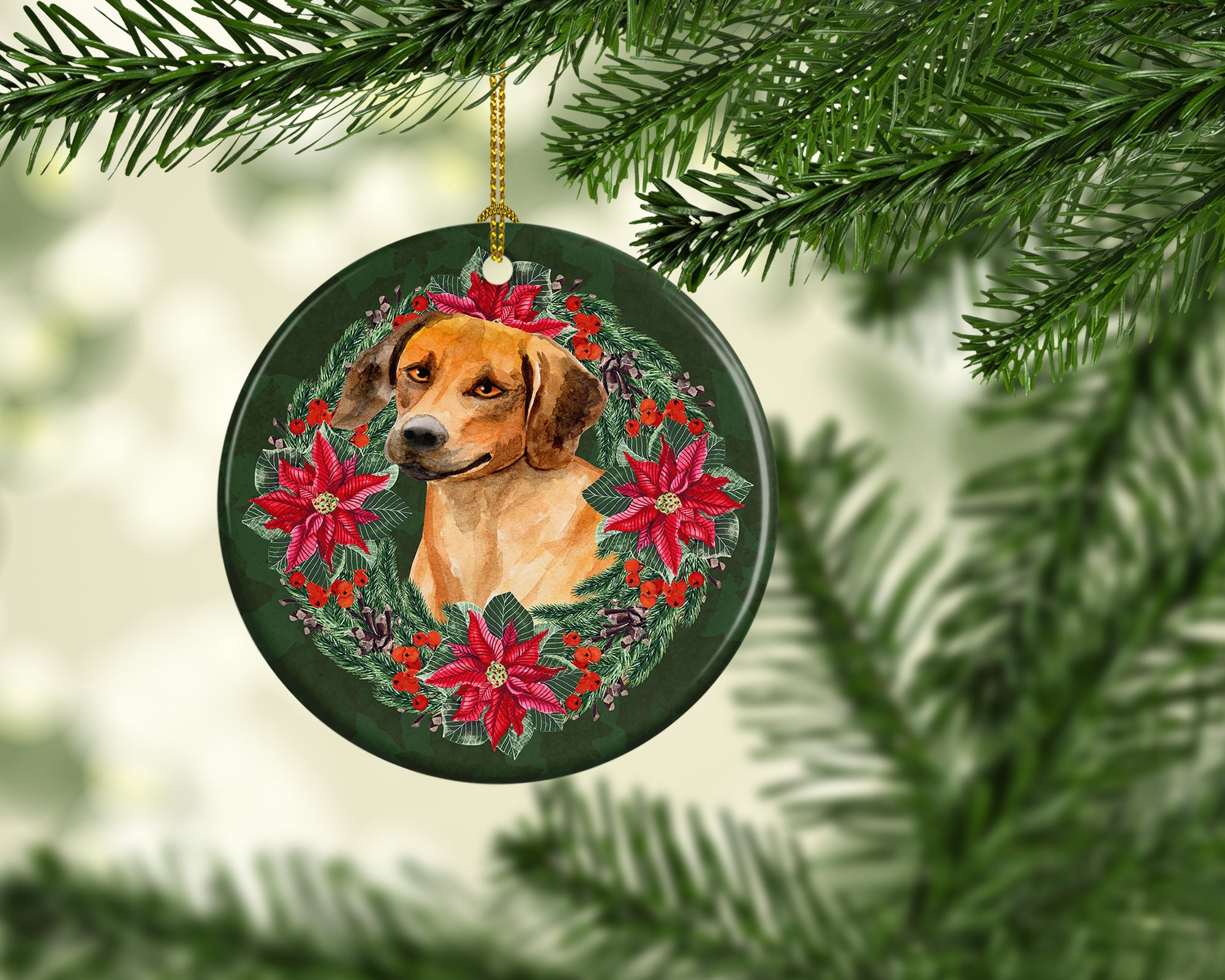 Rhodesian Ridgeback Poinsetta Wreath Ceramic Ornament - the-store.com