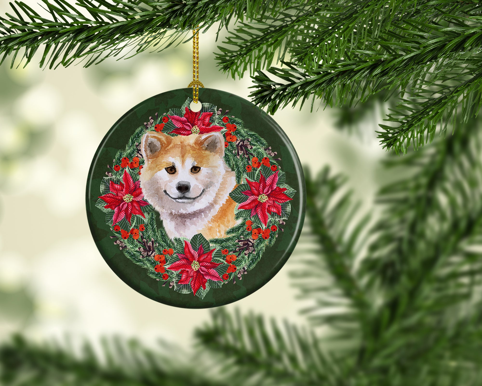 Shiba Inu Poinsetta Wreath Ceramic Ornament - the-store.com