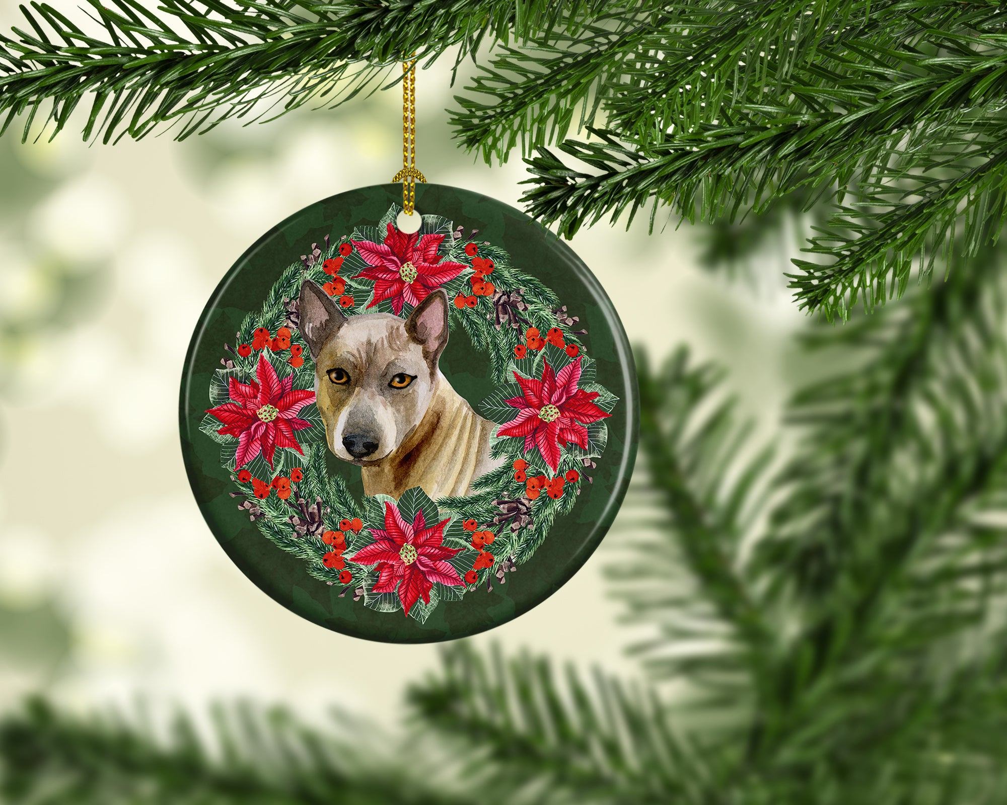 Buy this Thai Ridgeback Poinsetta Wreath Ceramic Ornament