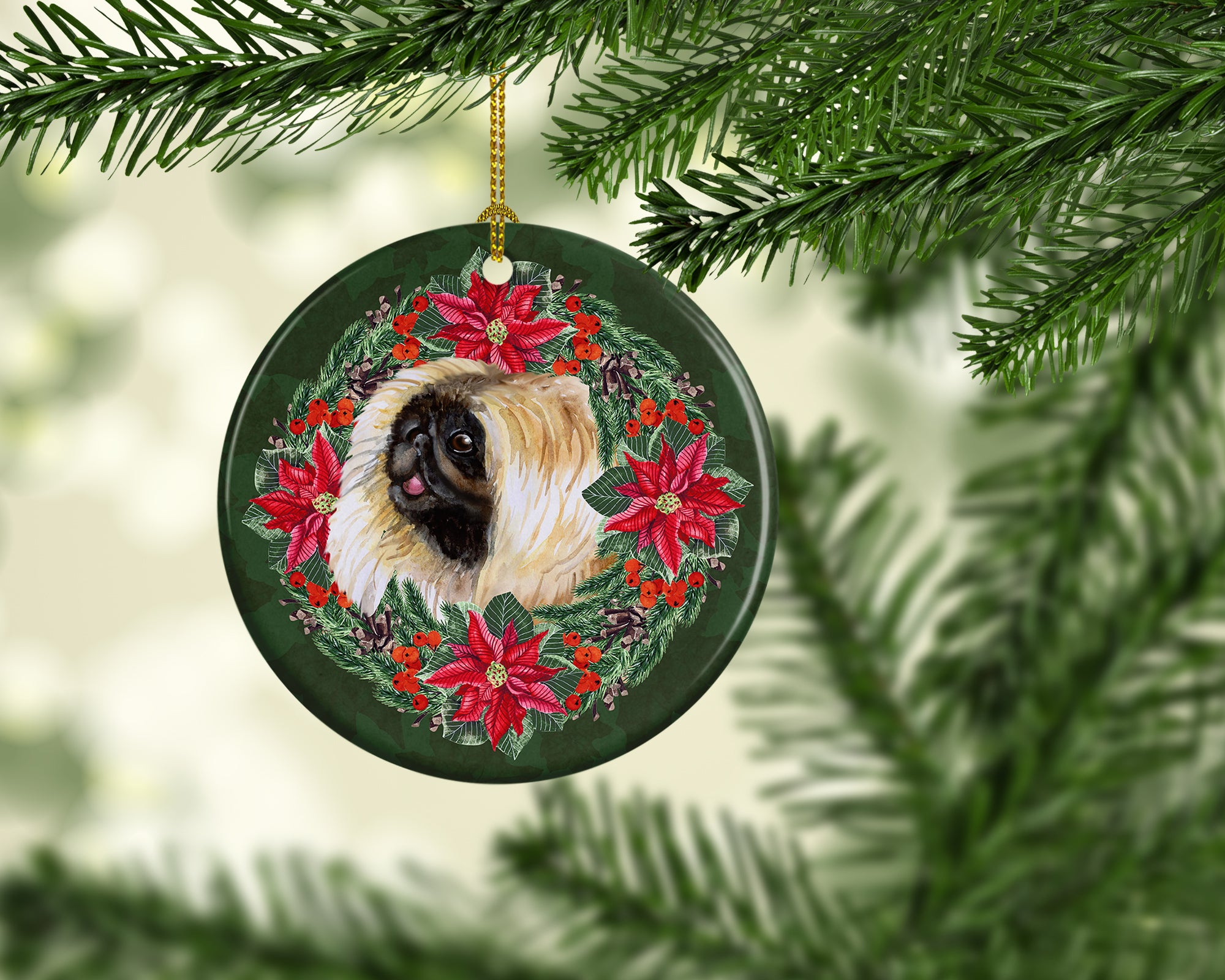 Pekingese Poinsetta Wreath Ceramic Ornament - the-store.com