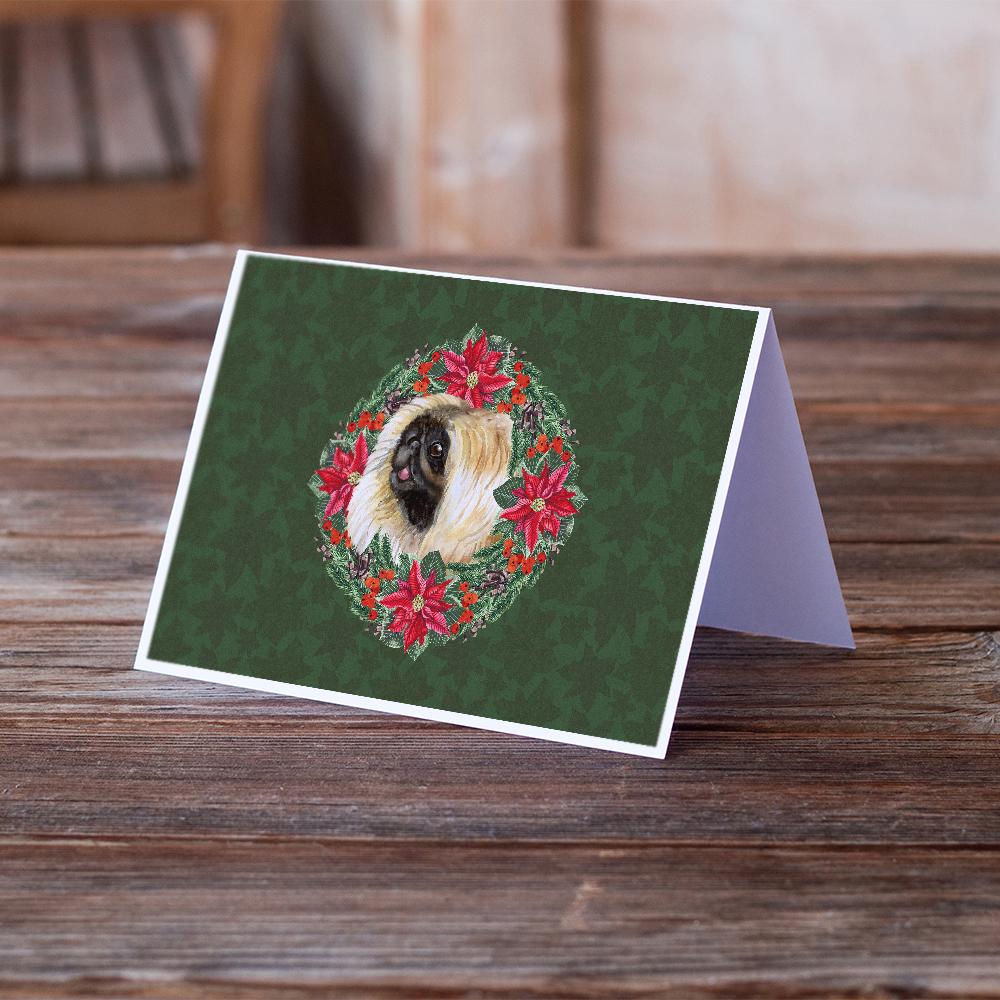 Pekingese Poinsetta Wreath Greeting Cards and Envelopes Pack of 8 - the-store.com