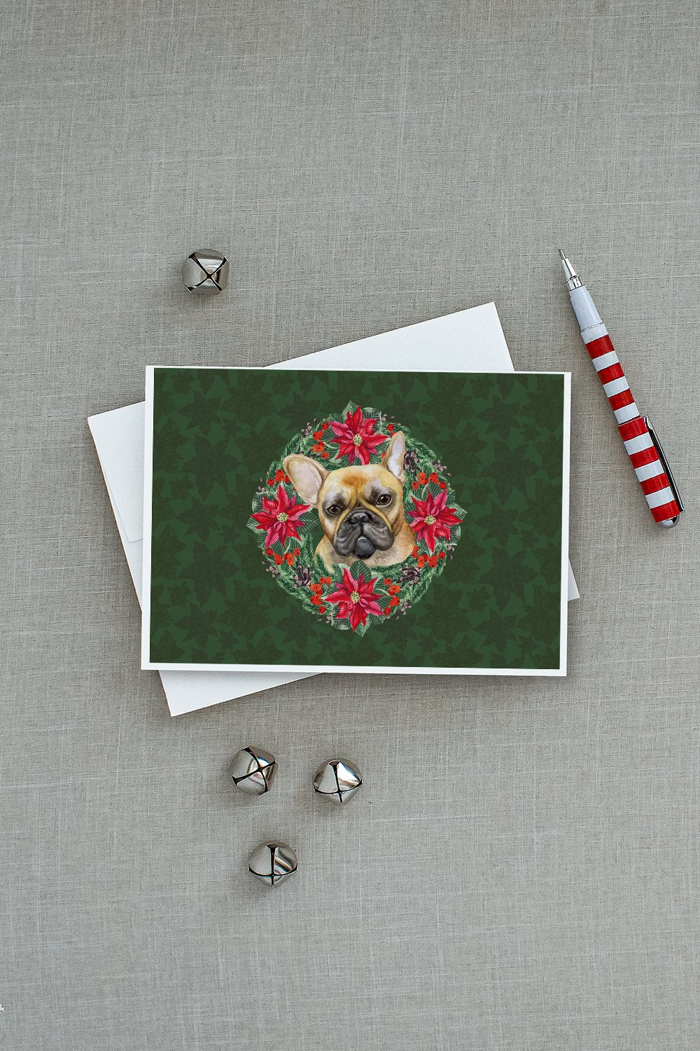 French Bulldog Poinsetta Wreath Greeting Cards and Envelopes Pack of 8 - the-store.com