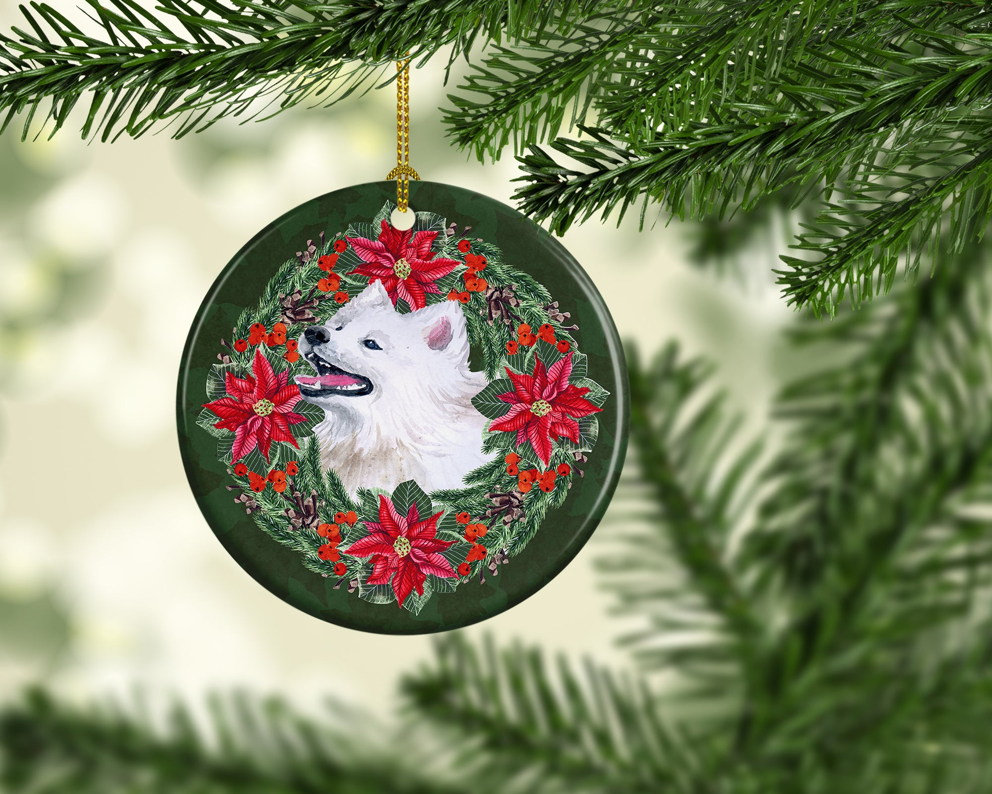 Buy this Samoyed Poinsetta Wreath Ceramic Ornament