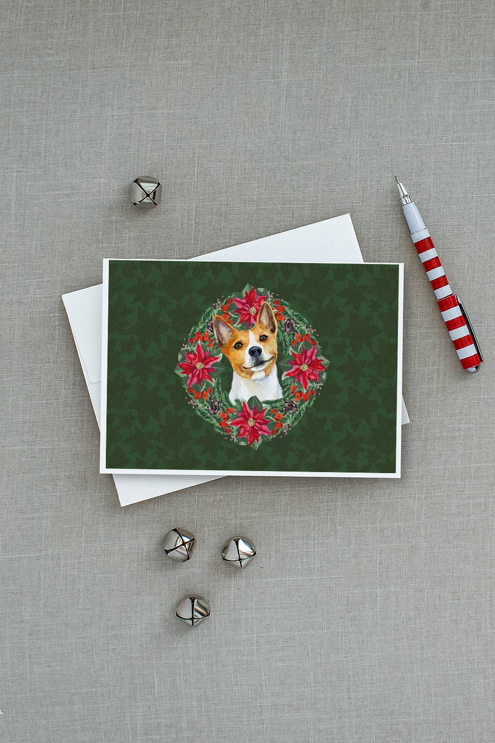 Basenji Poinsetta Wreath Greeting Cards and Envelopes Pack of 8 - the-store.com