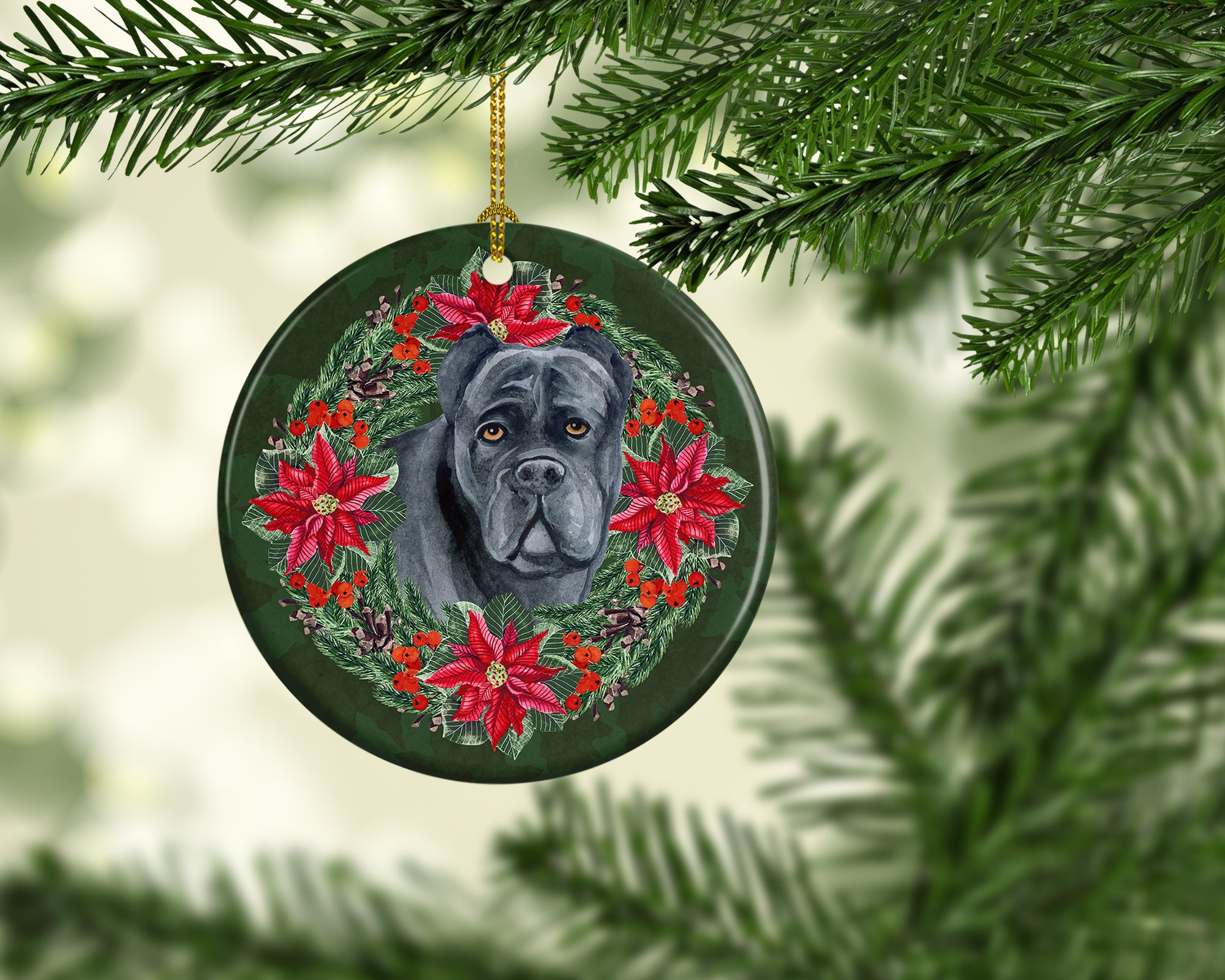 Cane Corso Poinsetta Wreath Ceramic Ornament - the-store.com