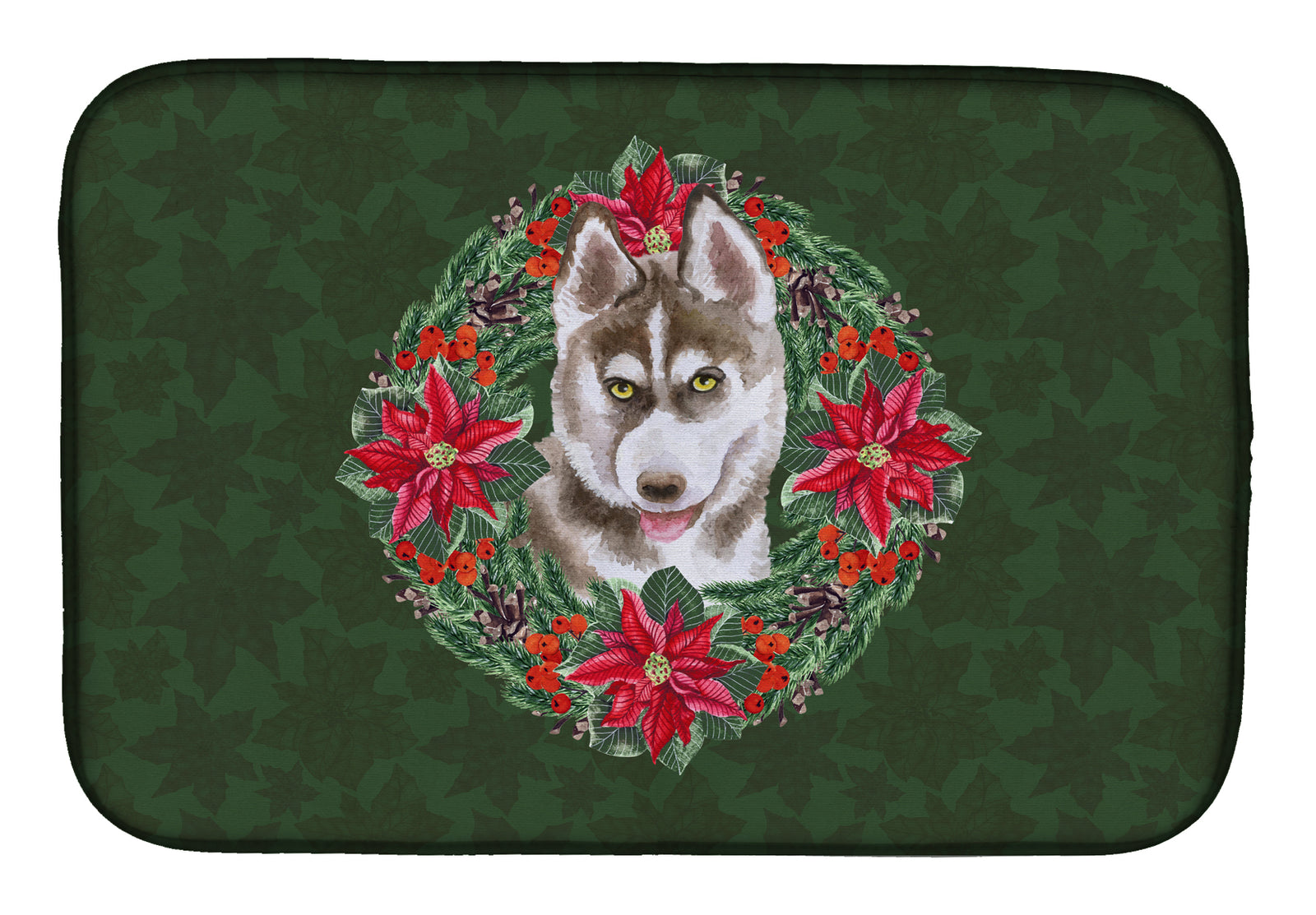 Siberian Husky Grey Poinsetta Wreath Dish Drying Mat CK1562DDM  the-store.com.