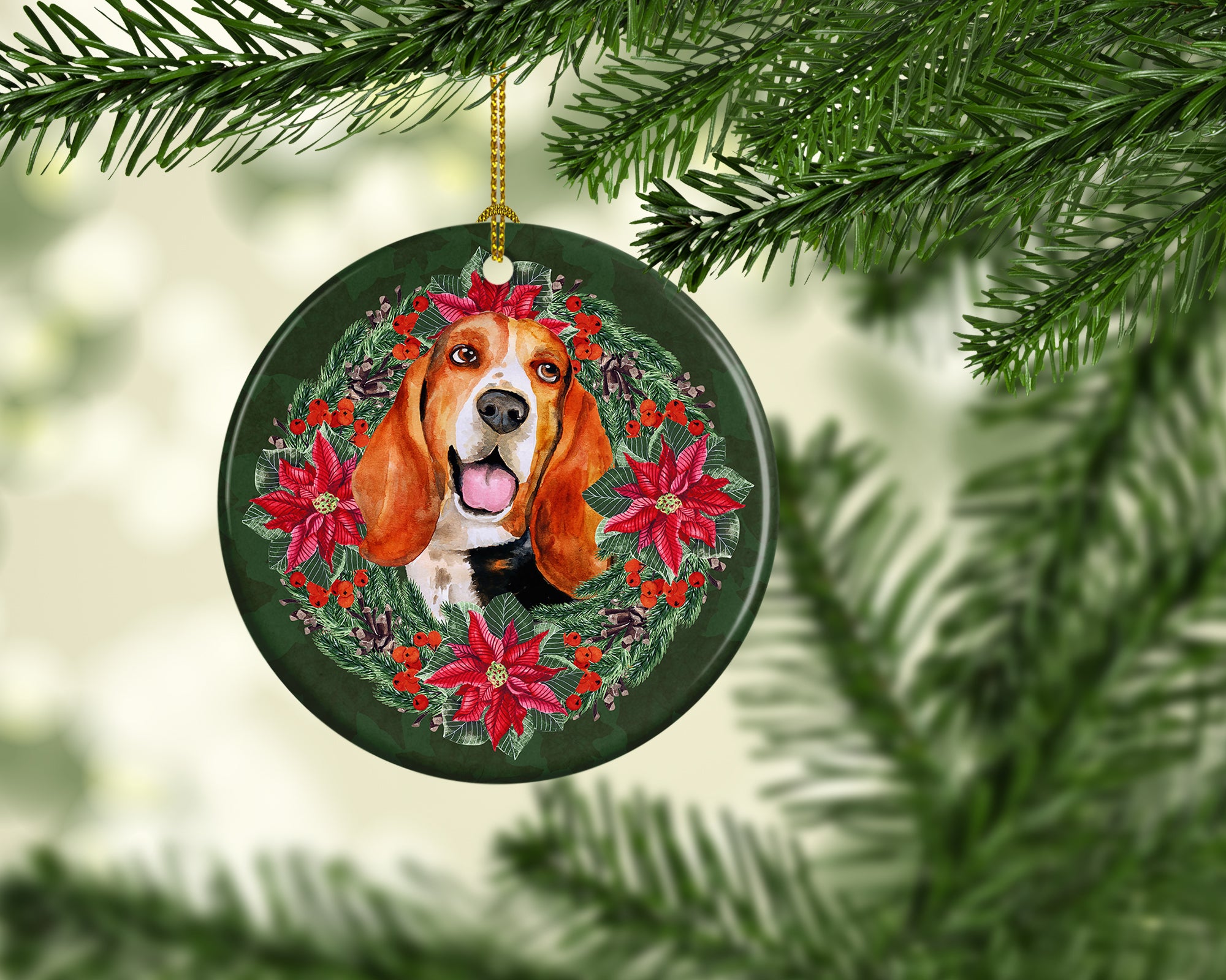 Basset Hound Poinsetta Wreath Ceramic Ornament - the-store.com