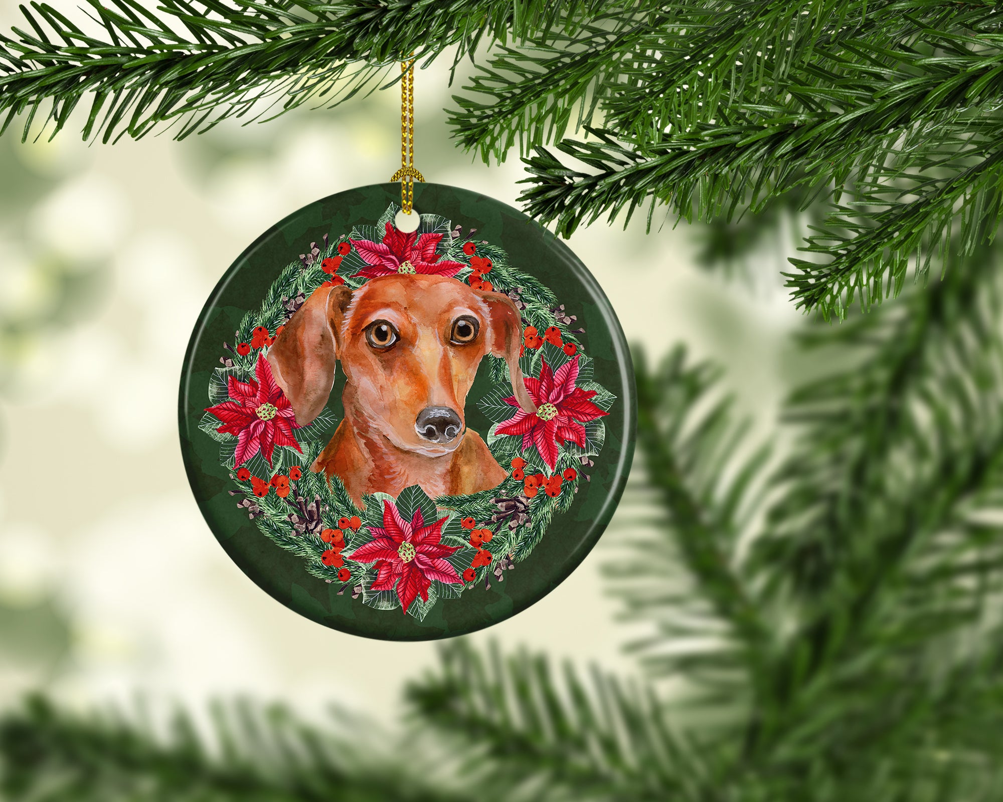 Red Dachshund Poinsetta Wreath Ceramic Ornament - the-store.com