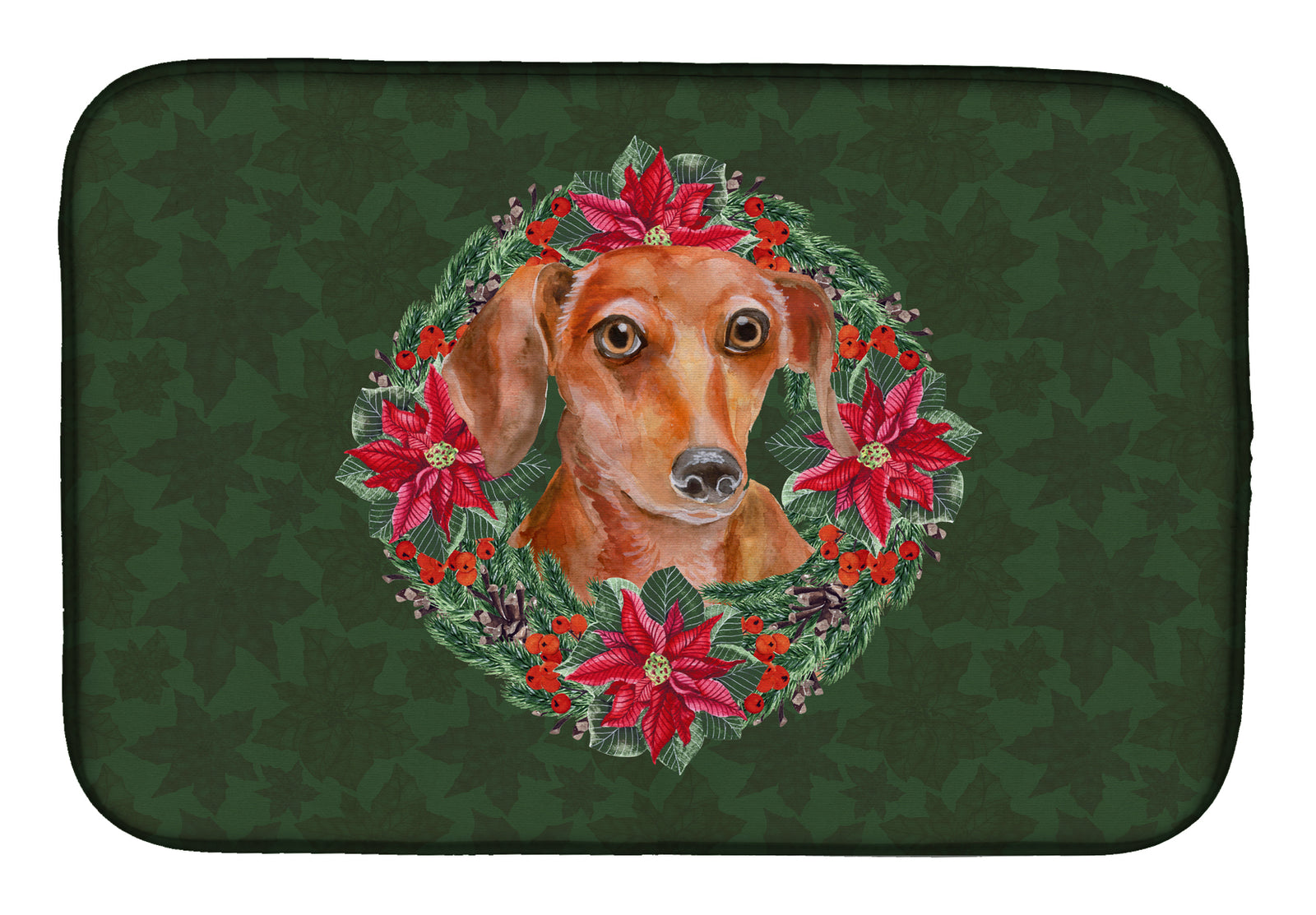 Red Dachshund Poinsetta Wreath Dish Drying Mat CK1573DDM  the-store.com.