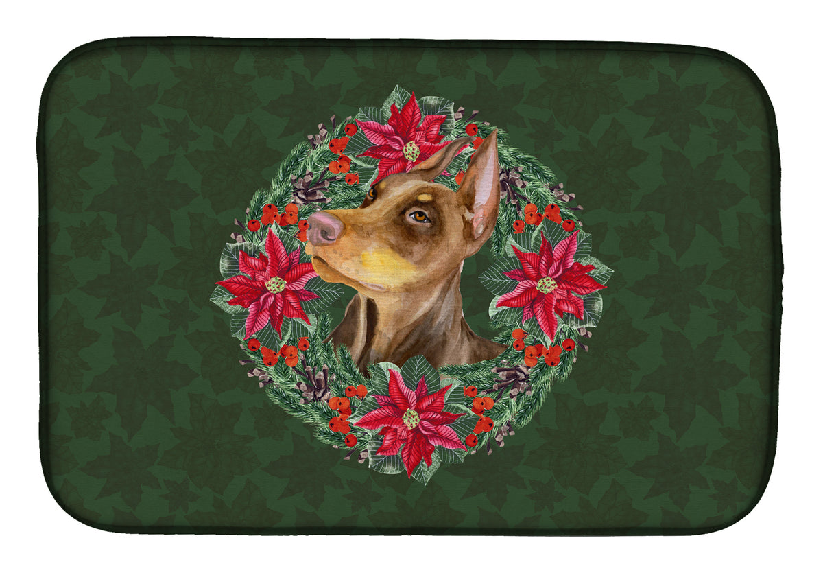 Doberman Pinscher Poinsetta Wreath Dish Drying Mat CK1575DDM  the-store.com.