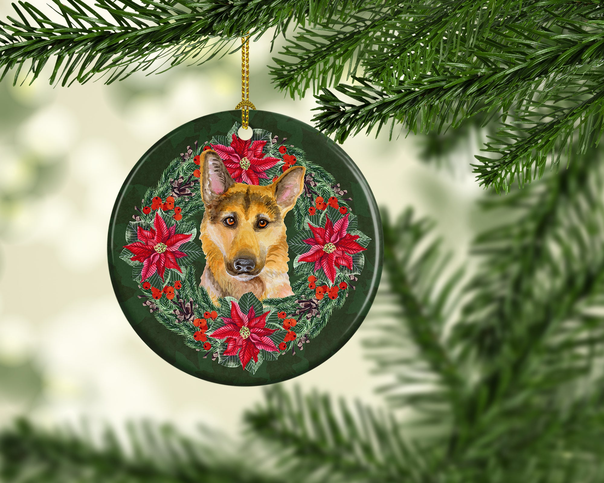 German Shepherd #2 Poinsetta Wreath Ceramic Ornament - the-store.com