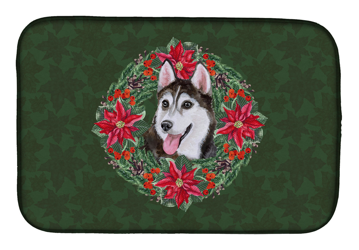 Siberian Husky #2 Poinsetta Wreath Dish Drying Mat CK1578DDM  the-store.com.