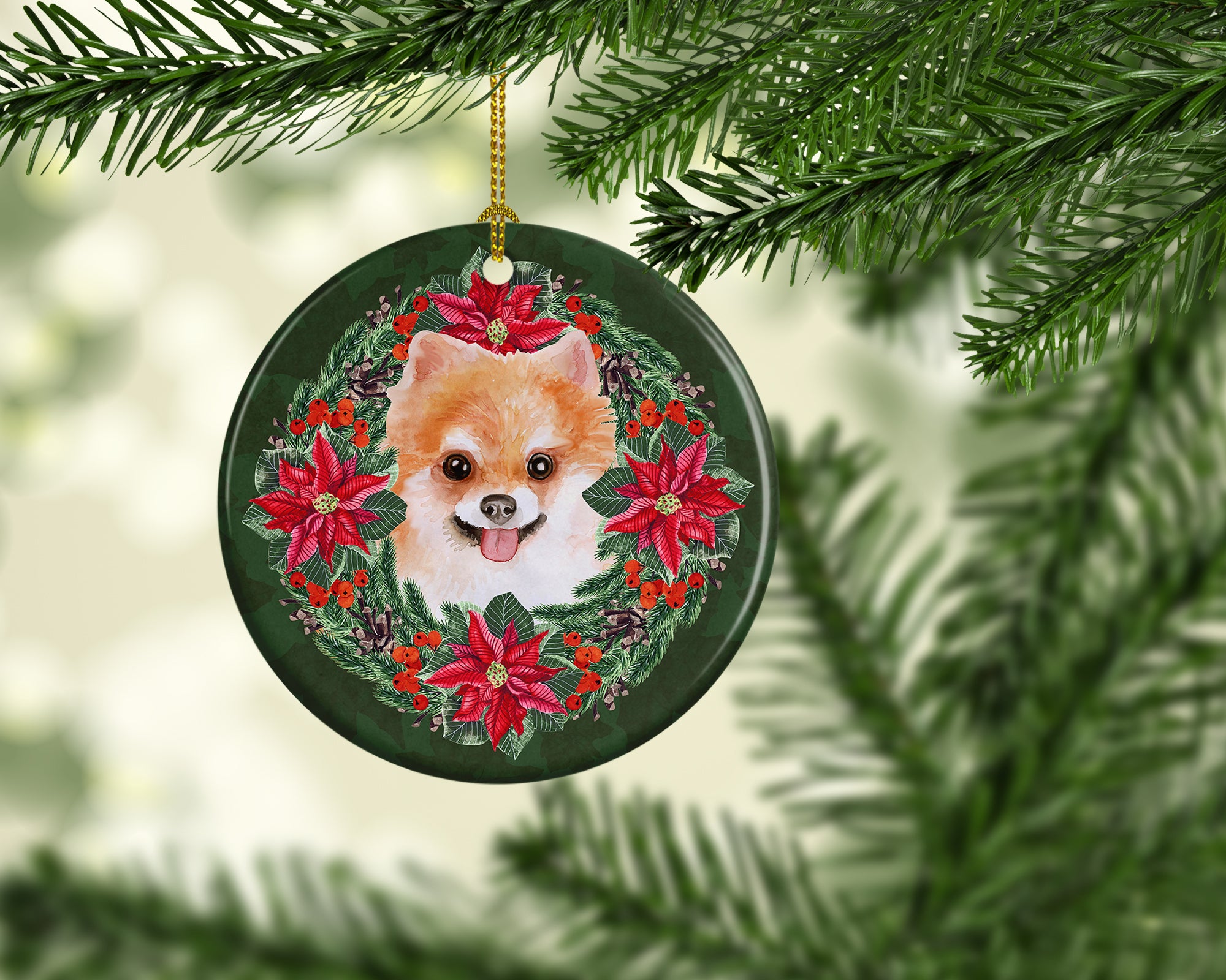 Pomeranian #2 Poinsetta Wreath Ceramic Ornament - the-store.com