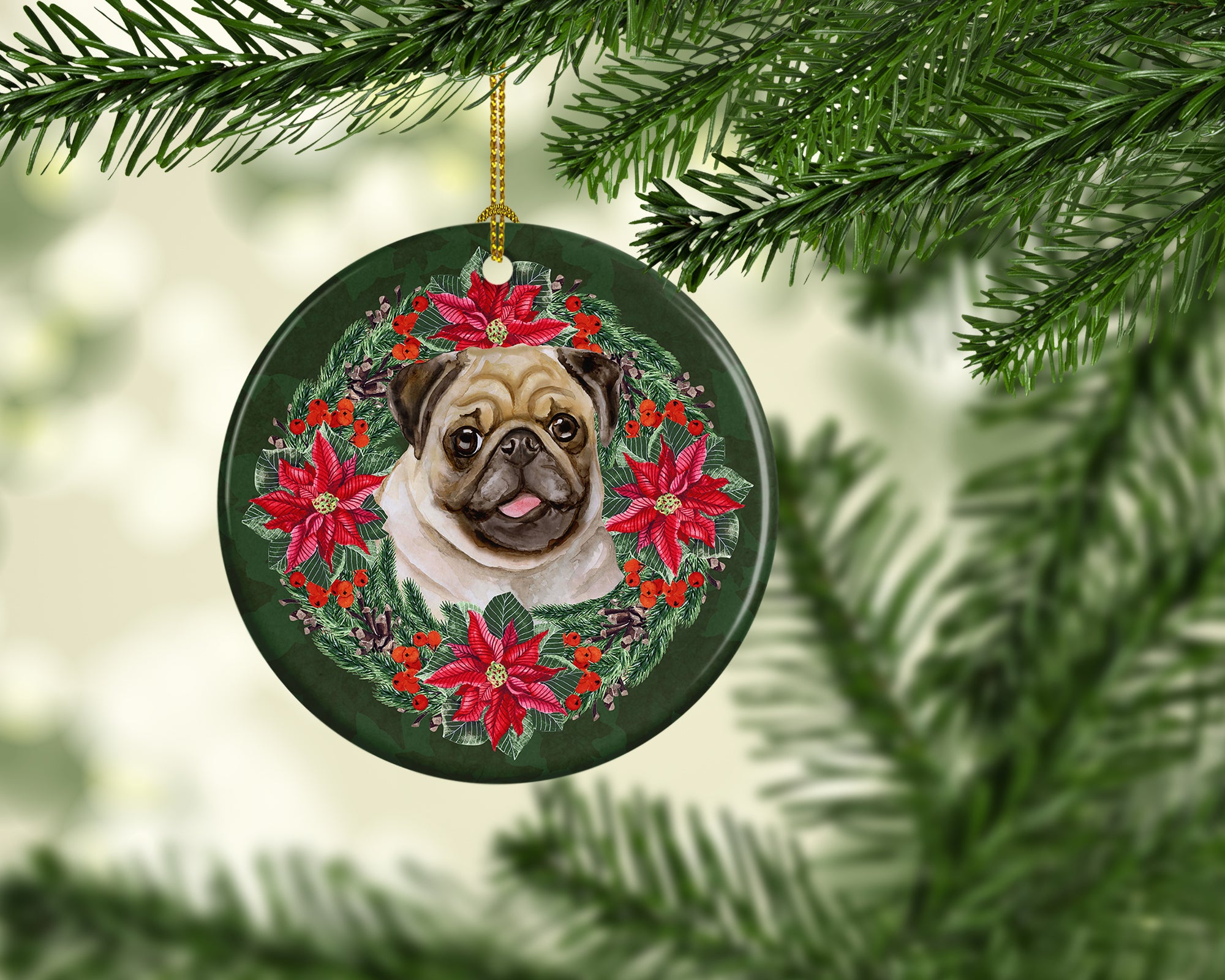 Fawn Pug Poinsetta Wreath Ceramic Ornament - the-store.com