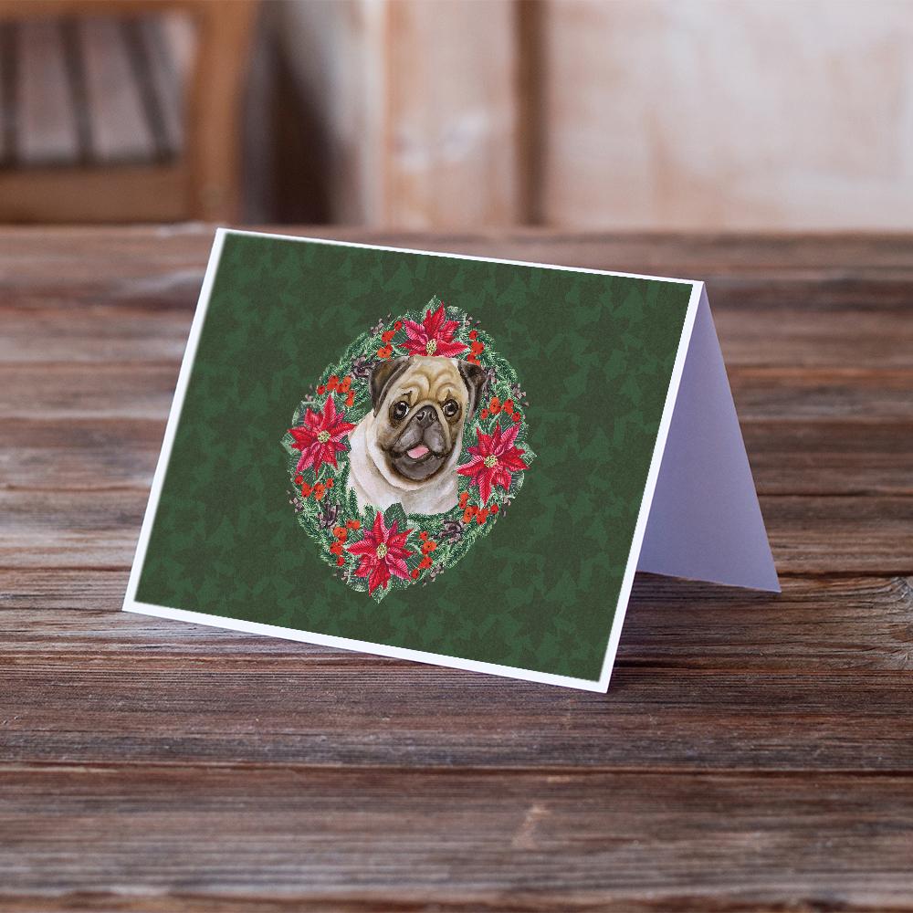 Fawn Pug Poinsetta Wreath Greeting Cards and Envelopes Pack of 8 - the-store.com