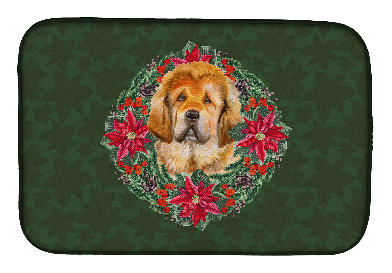 Tibetan Mastiff Poinsetta Wreath Dish Drying Mat CK1587DDM  the-store.com.