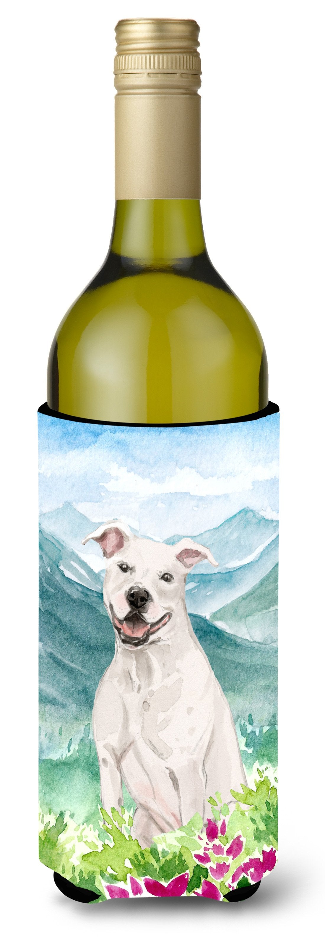 Mountian Flowers White Staffie Bull Terrier Wine Bottle Beverage Insulator Hugger CK1996LITERK by Caroline&#39;s Treasures