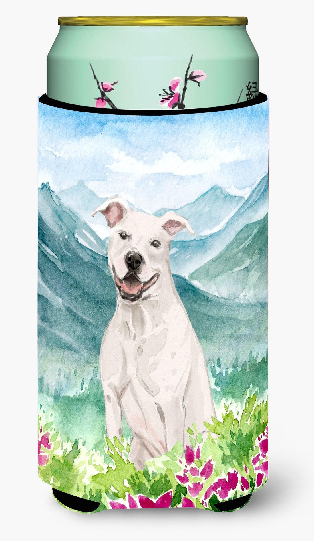 Mountian Flowers White Staffie Bull Terrier Tall Boy Beverage Insulator Hugger CK1996TBC by Caroline's Treasures