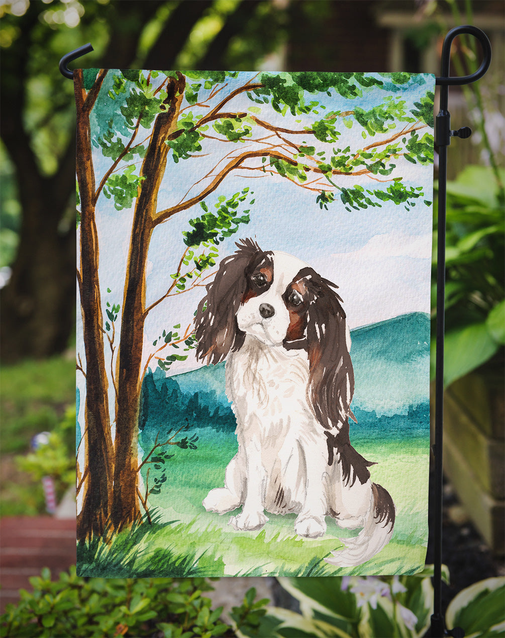 Under the Tree Tricolor Cavalier Spaniel Flag Garden Size CK2001GF  the-store.com.