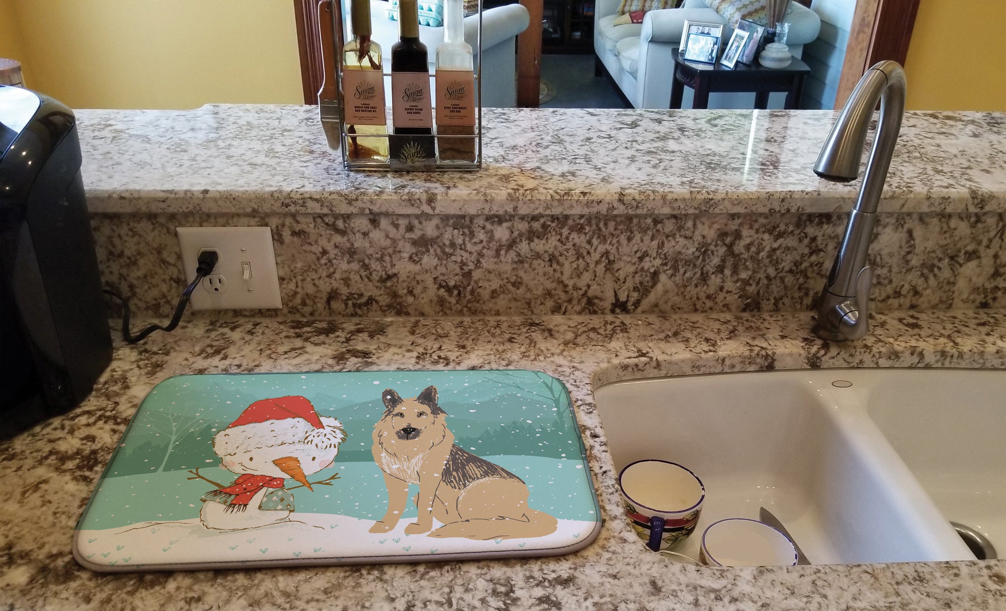 German Shepherd and Snowman Christmas Dish Drying Mat CK2033DDM  the-store.com.