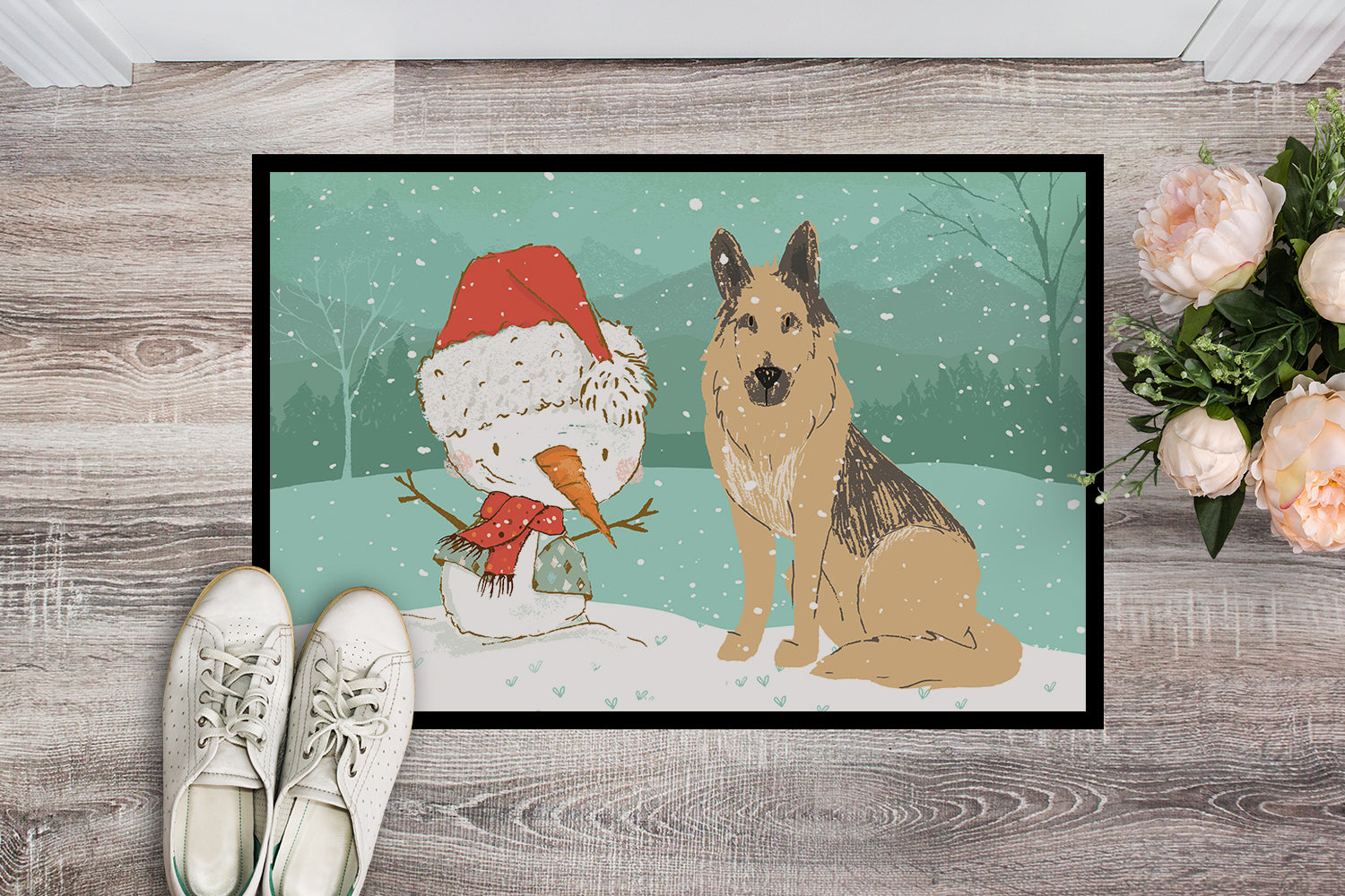 German Shepherd and Snowman Christmas Indoor or Outdoor Mat 18x27 CK2033MAT - the-store.com