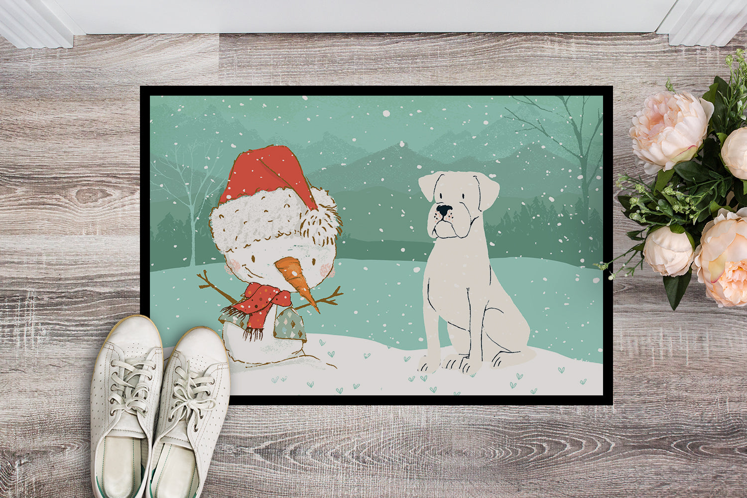 White Boxer and Snowman Christmas Indoor or Outdoor Mat 18x27 CK2034MAT - the-store.com