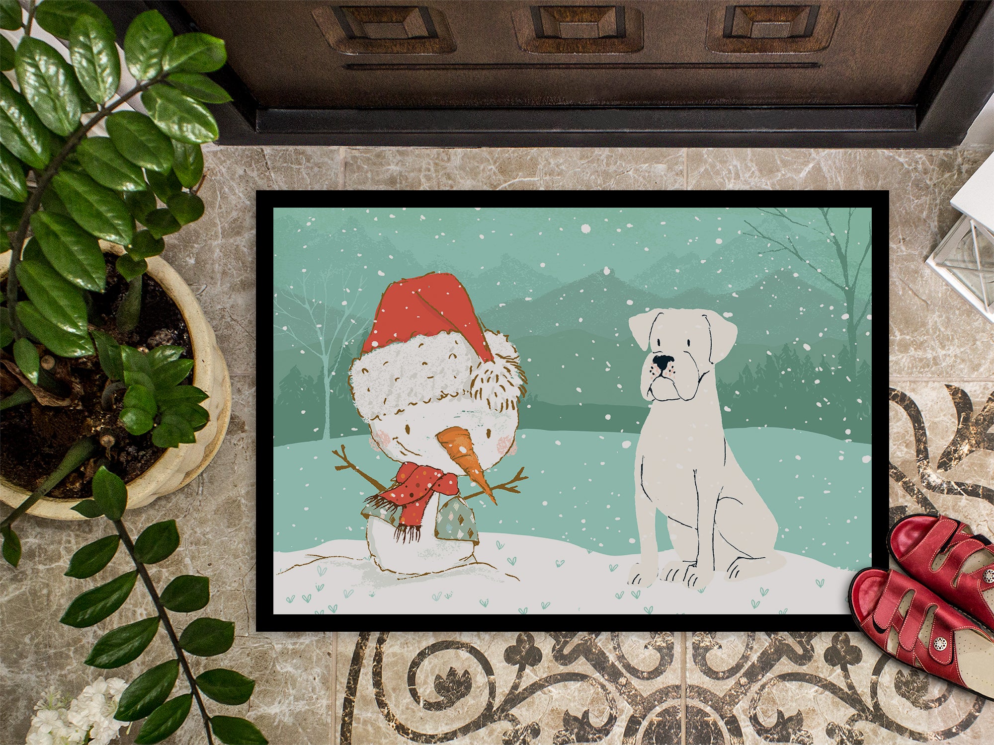 White Boxer and Snowman Christmas Indoor or Outdoor Mat 18x27 CK2034MAT - the-store.com