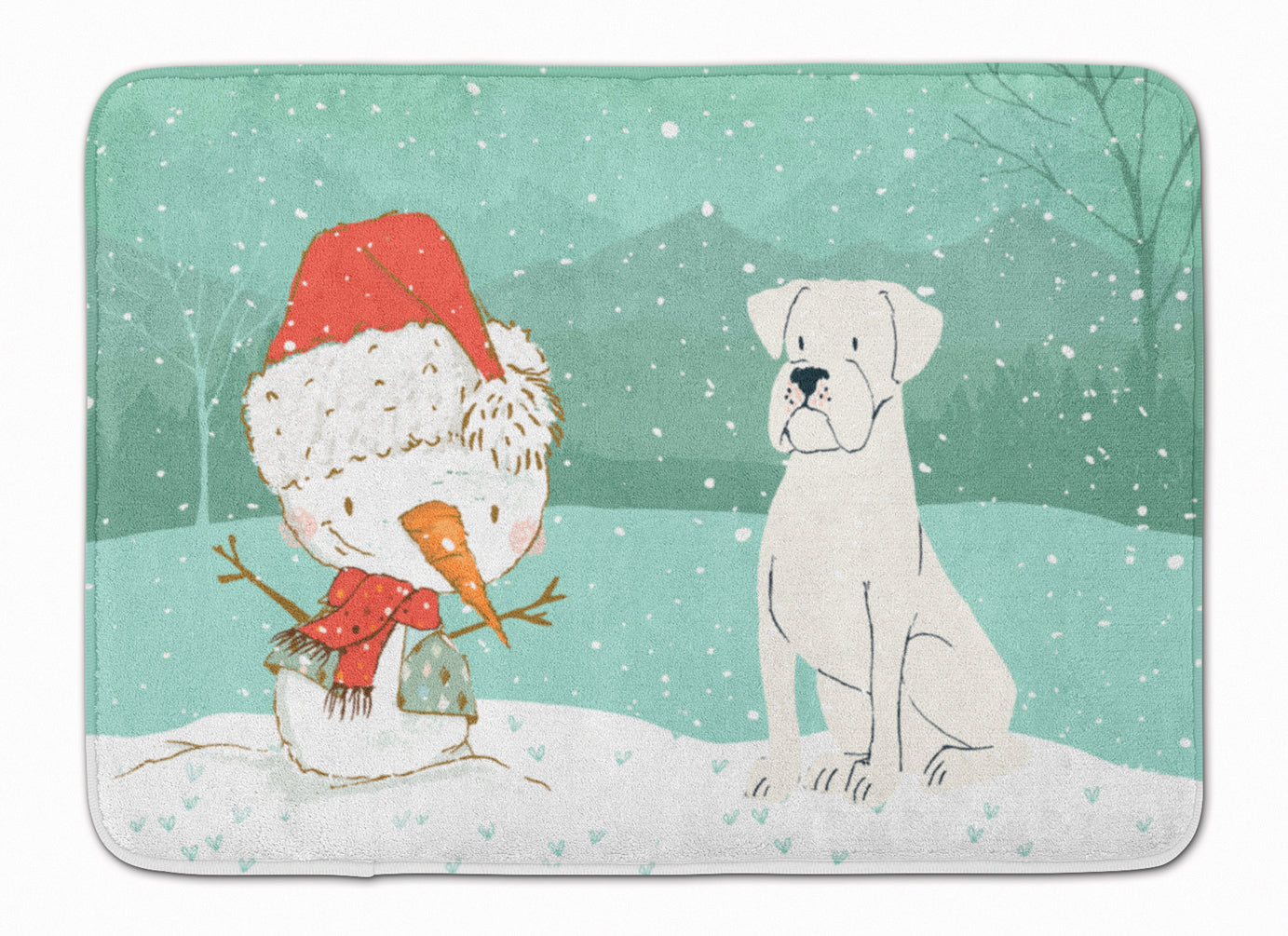 White Boxer and Snowman Christmas Machine Washable Memory Foam Mat CK2034RUG - the-store.com