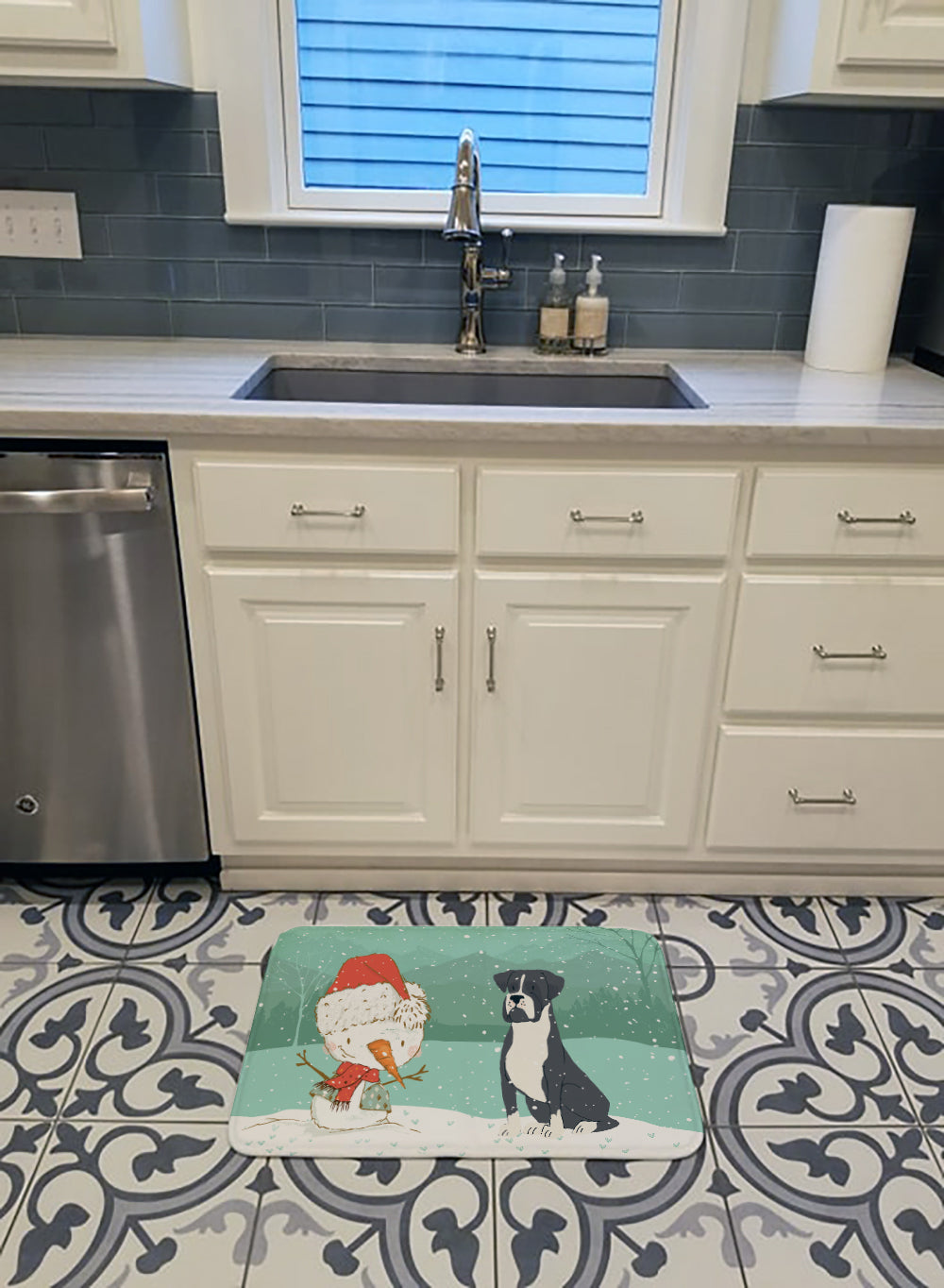 Black Boxer and Snowman Christmas Machine Washable Memory Foam Mat CK2035RUG - the-store.com