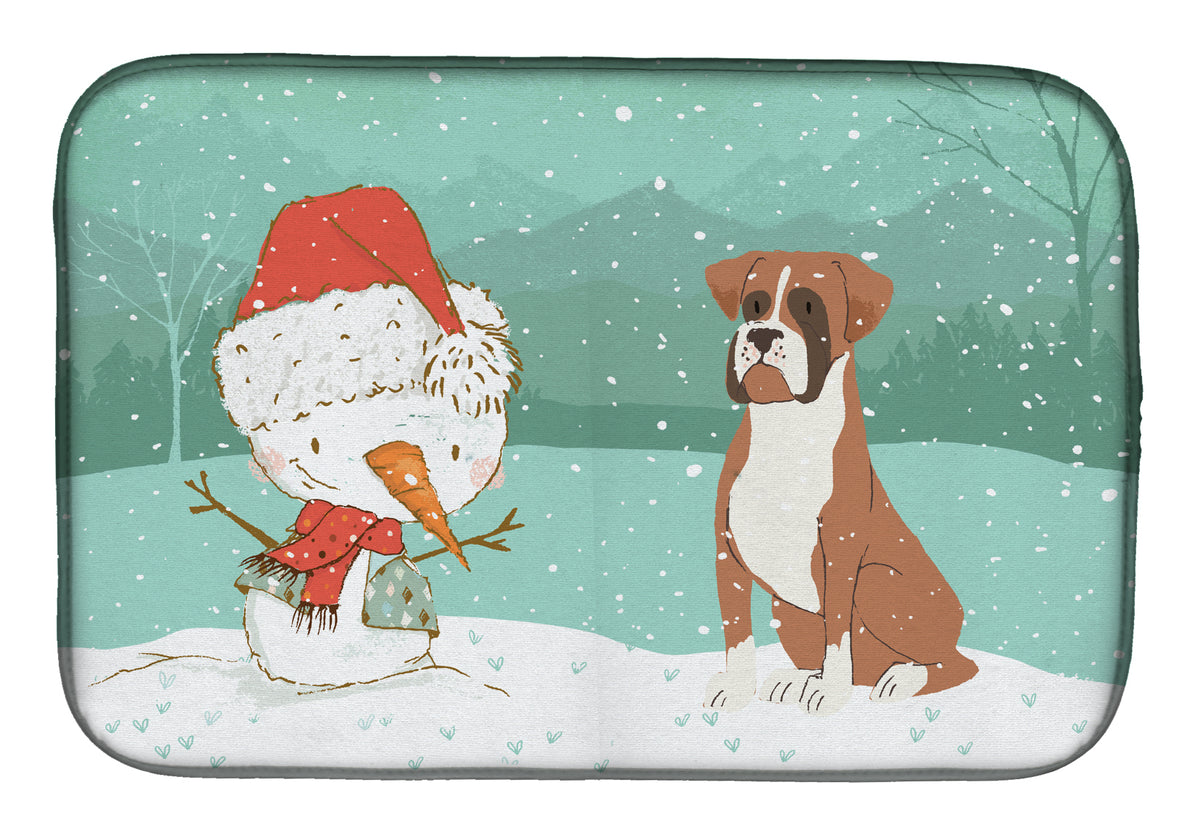 Fawn Boxer and Snowman Christmas Dish Drying Mat CK2036DDM  the-store.com.